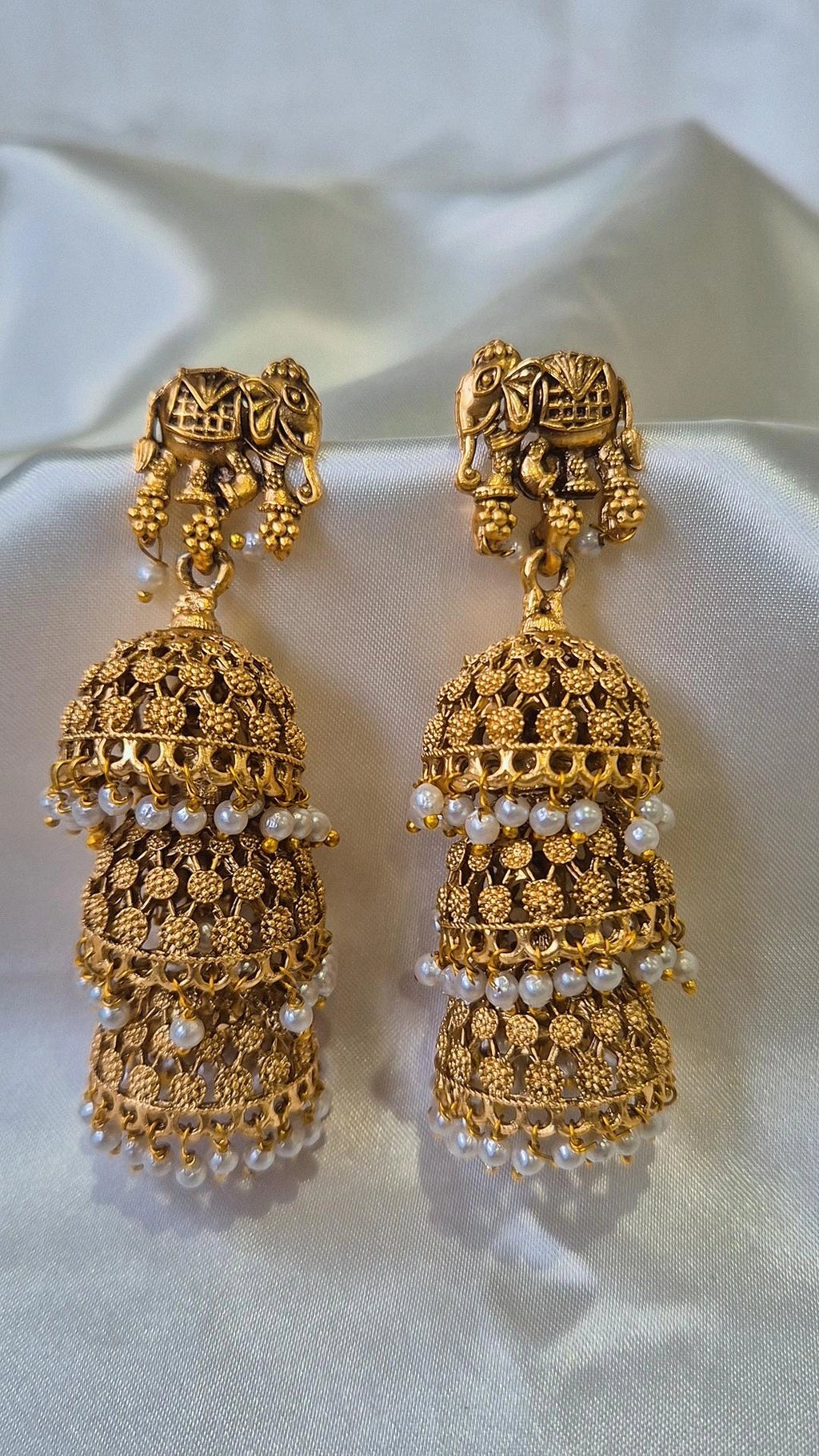 Gold Antique Elephant Triple-tier Jhumka Earrings