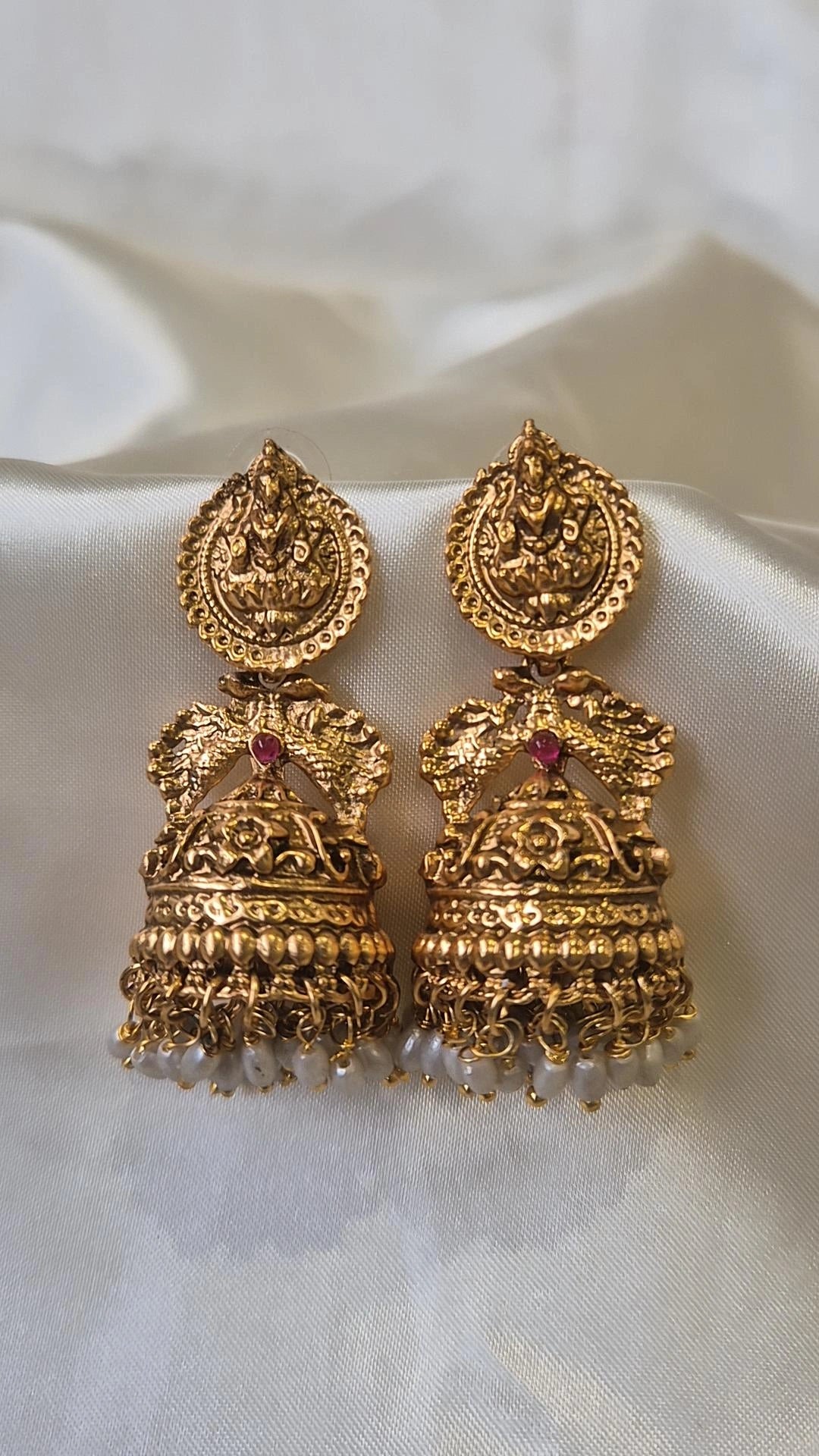 Gold Antique Temple Lakshmi Peacock Jhumka Earrings