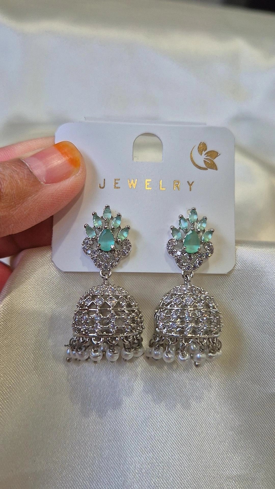 Silver Mint Blue CZ Jhumka Earrings