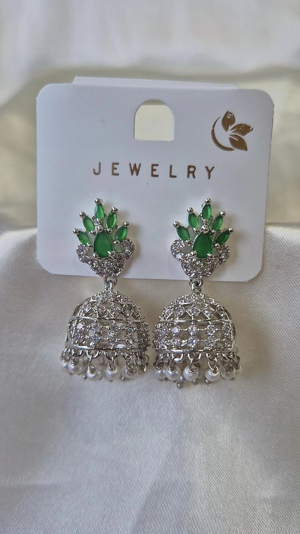 Silver Emerald Green CZ Jhumka Earrings