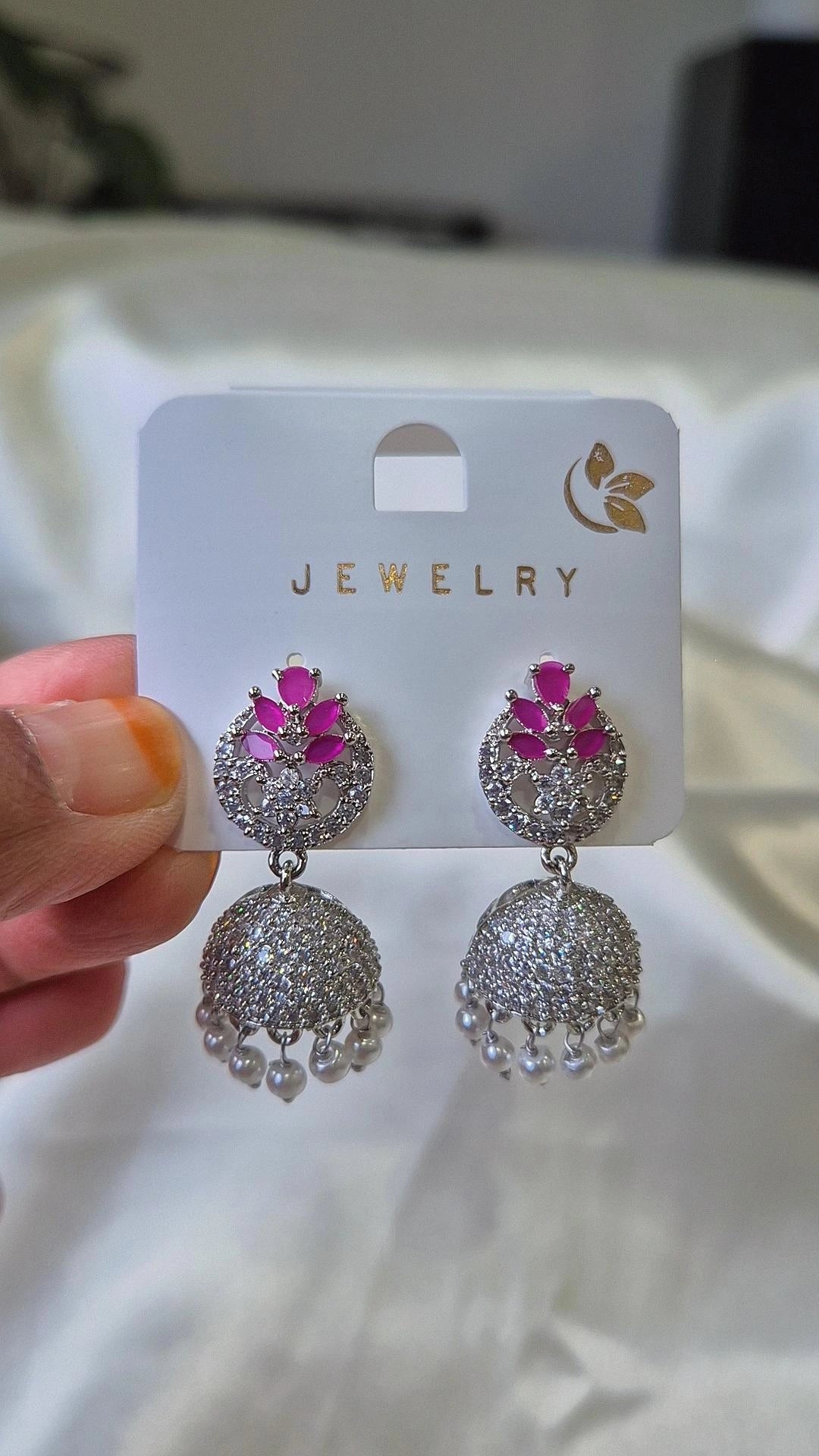 Silver Pink Ruby CZ Jhumka Earrings