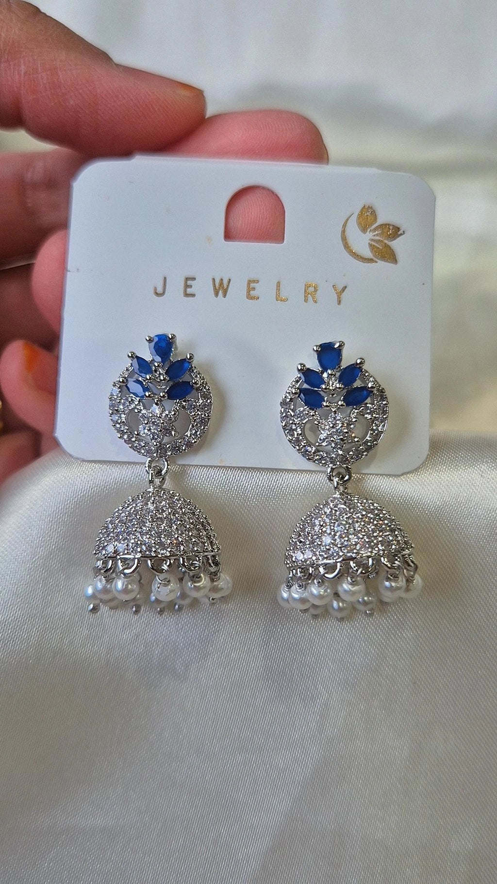 Silver Sapphire Blue CZ Jhumka Earrings