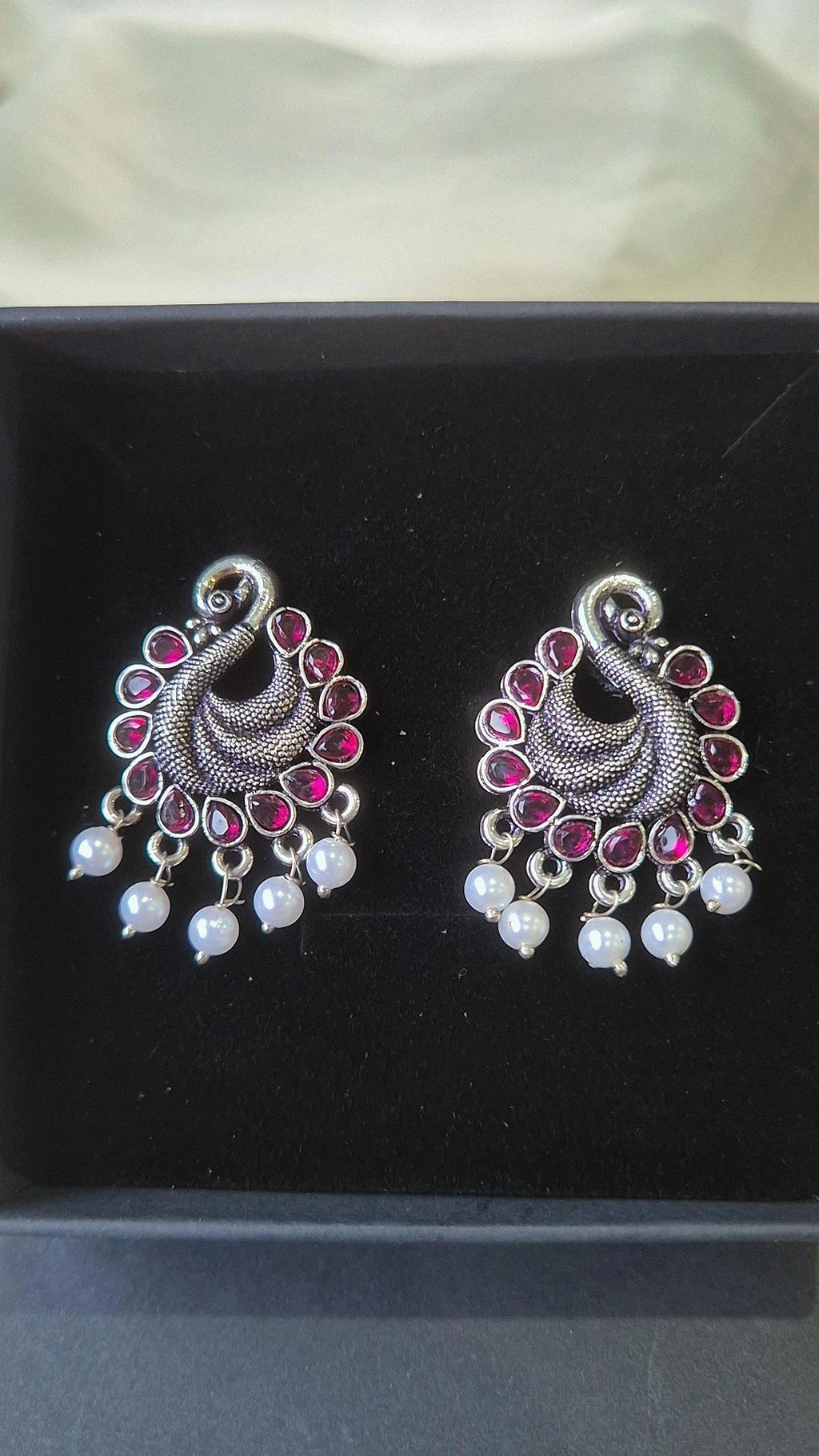 Oxidised Silver Peacock Earrings with Pink Ruby Stones