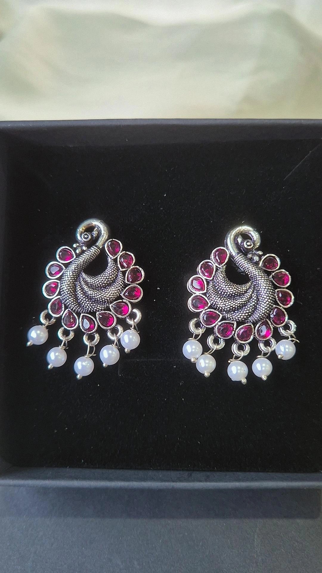 Oxidised Silver Peacock Earrings with Pink Ruby Stones