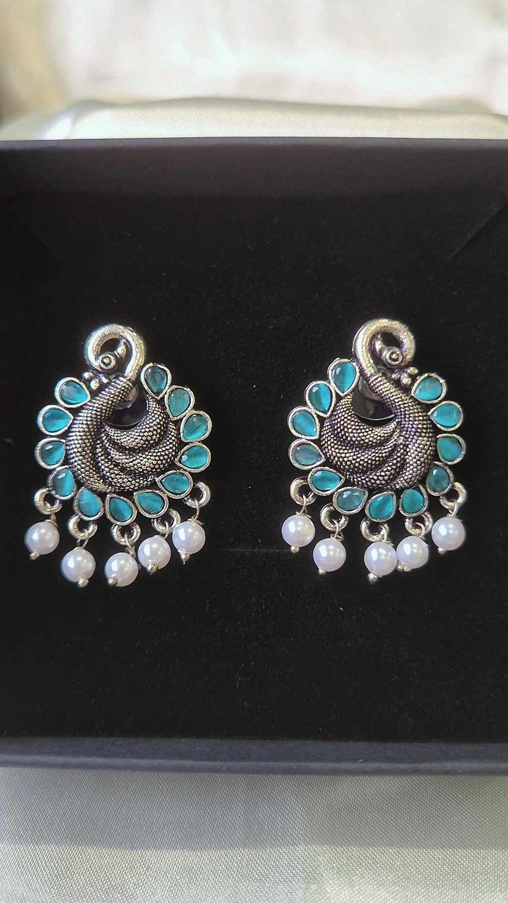 Oxidised Silver Peacock Earrings with Turquoise Stones