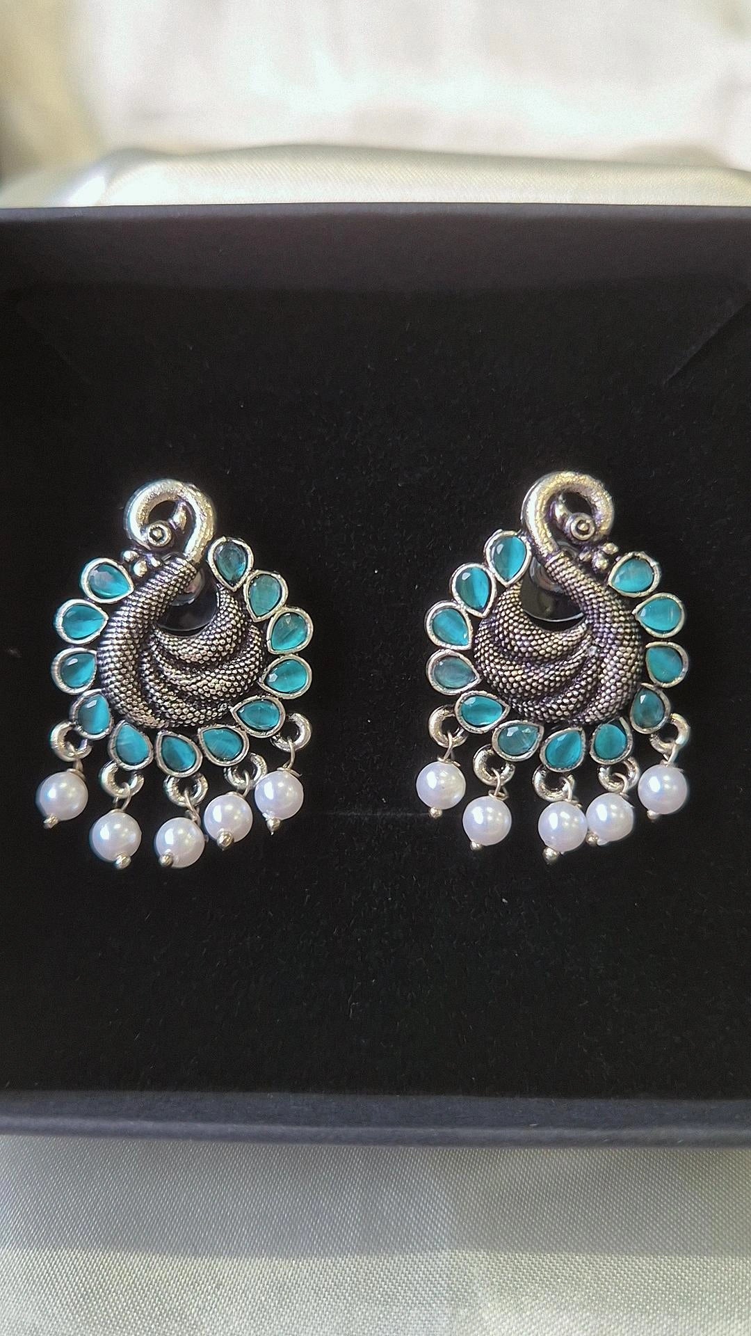 Oxidised Silver Peacock Earrings with Turquoise Stones