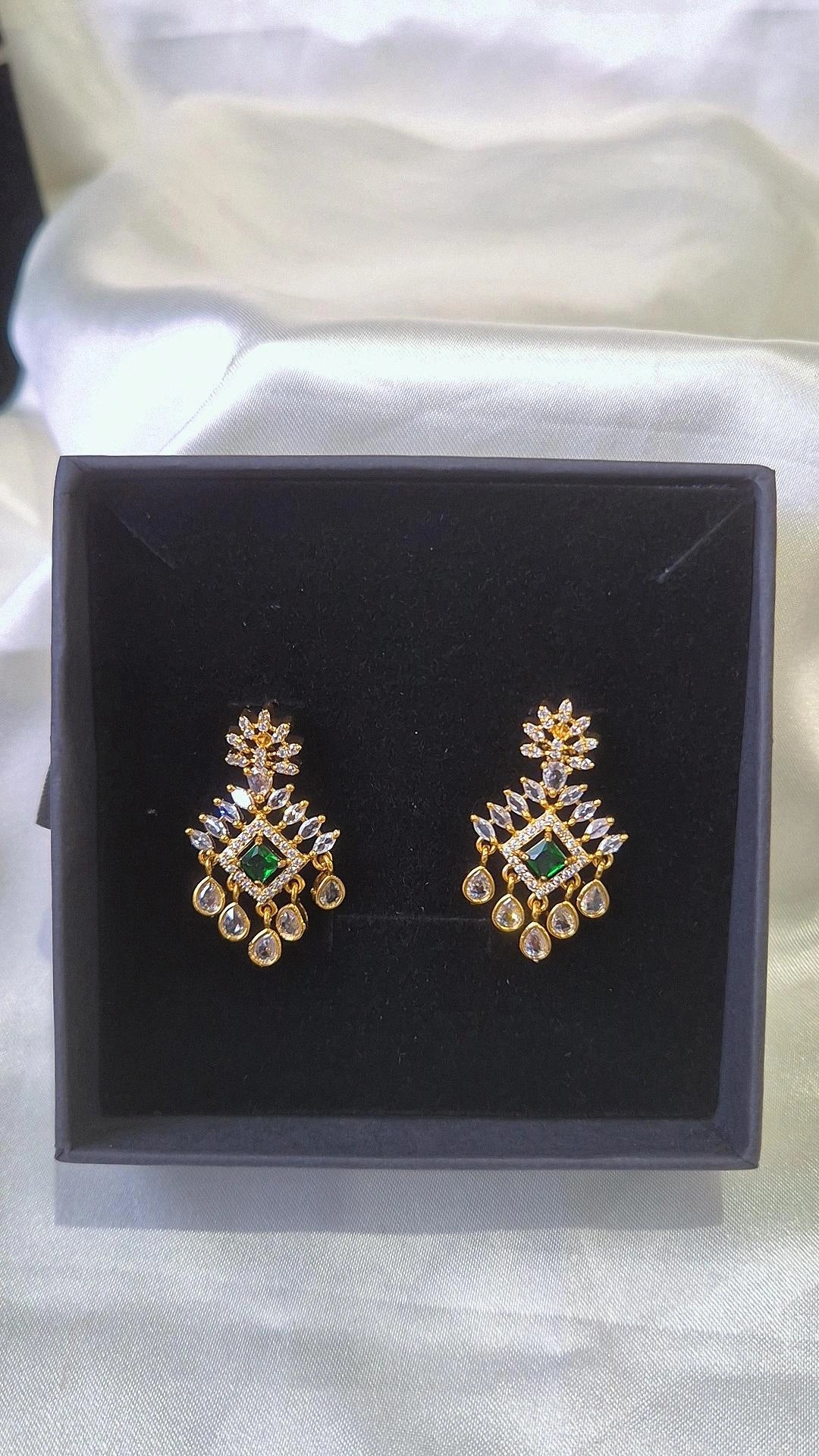 Gold Emerald Green CZ Chandelier Drop Earrings