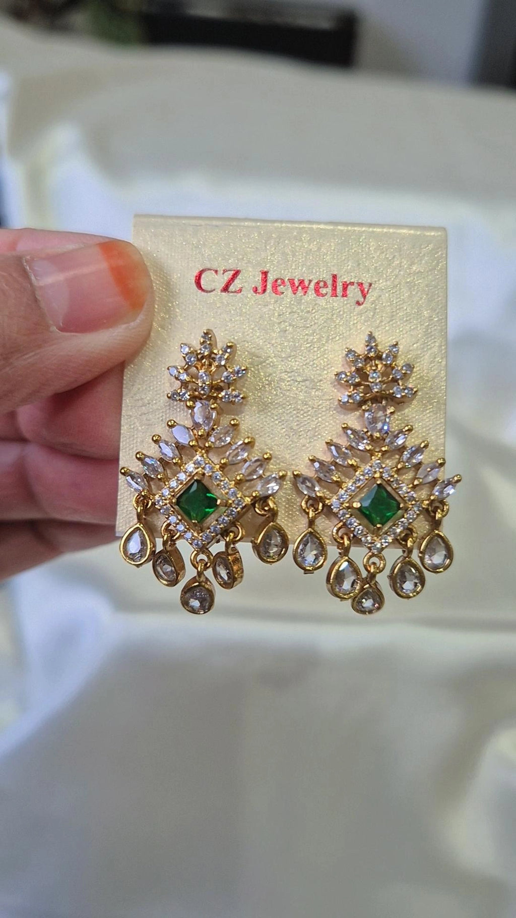 Gold Emerald Green CZ Chandelier Drop Earrings