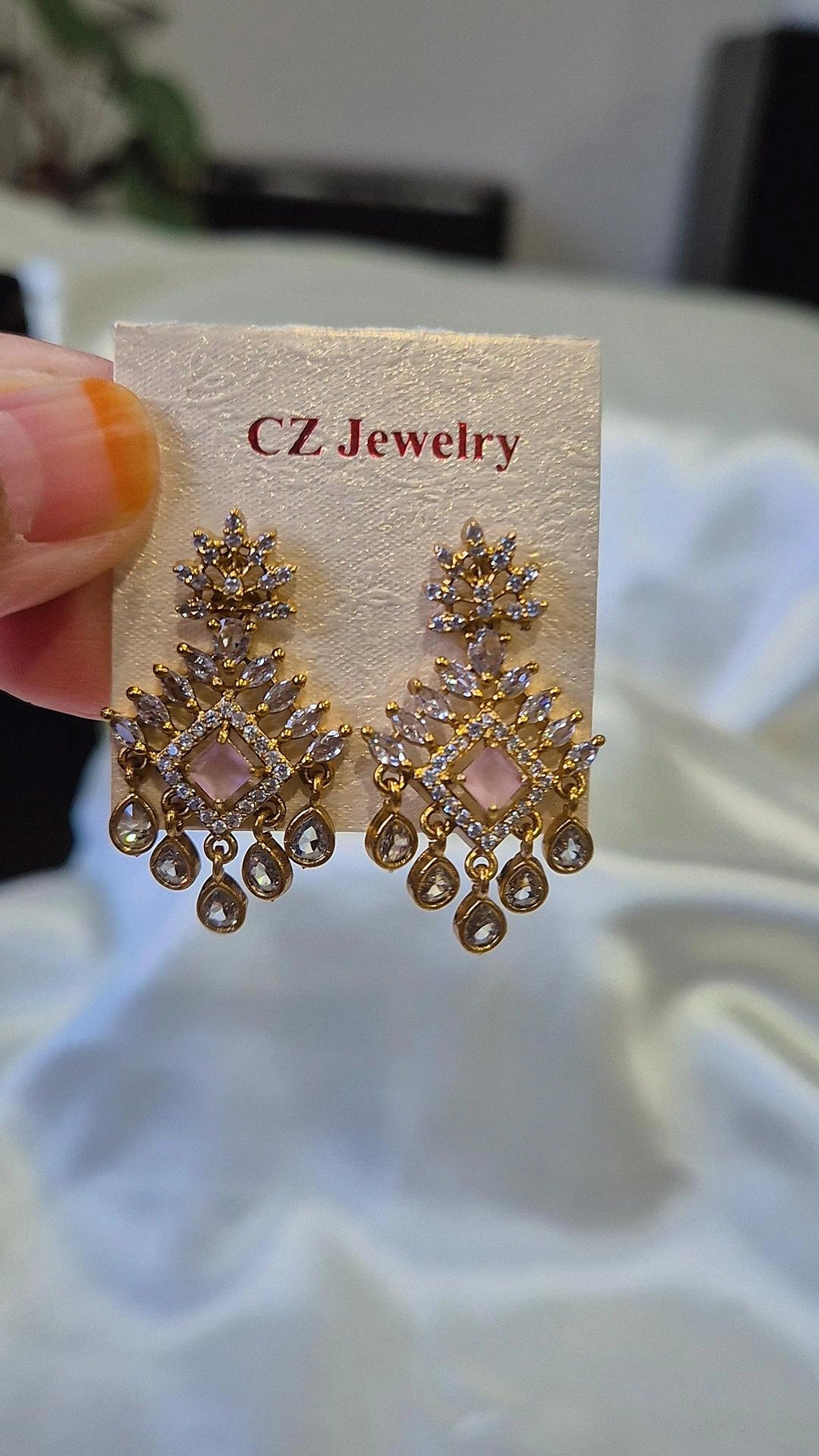 Gold Baby Pink CZ Chandelier Drop Earrings
