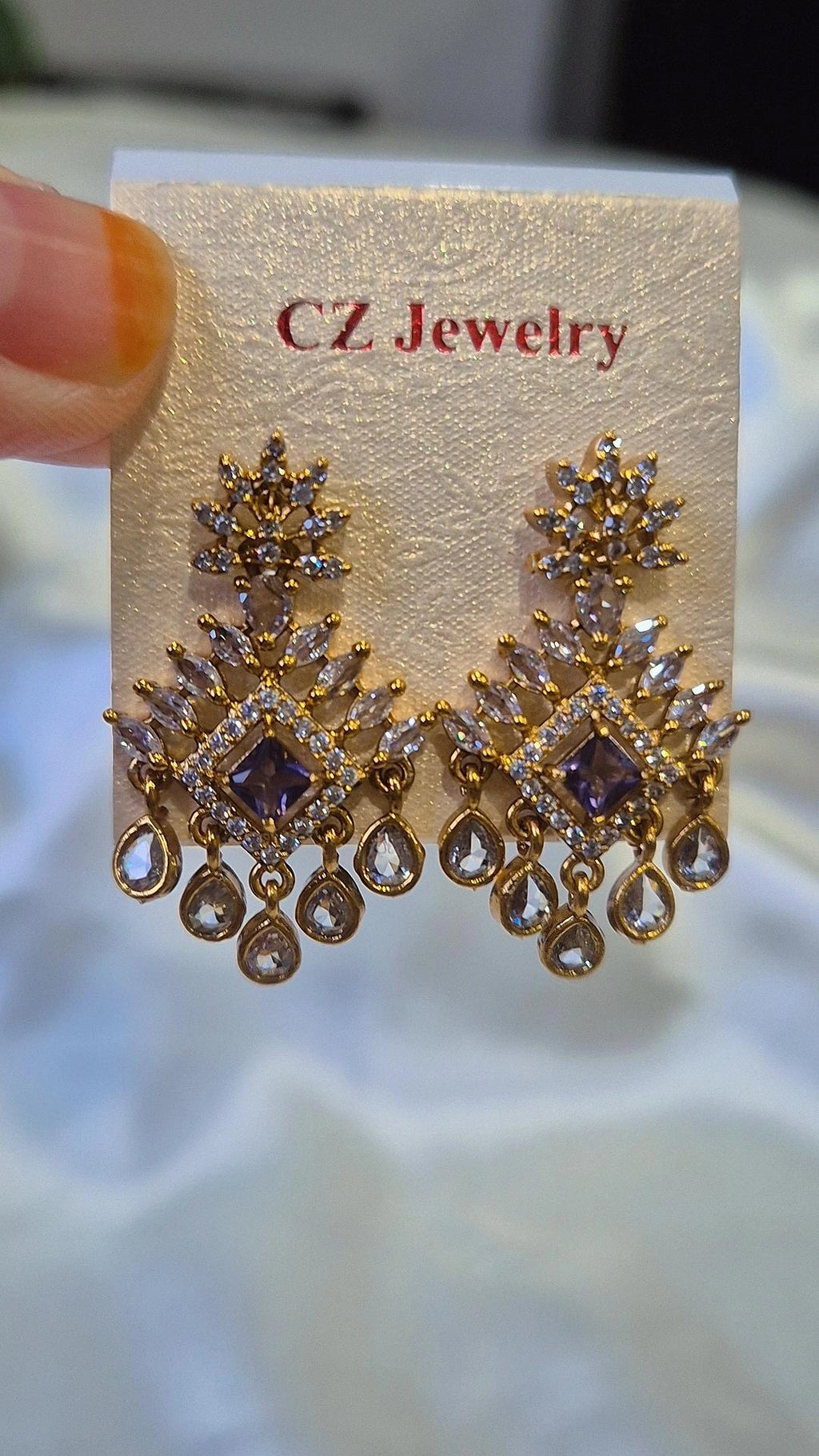 Gold Purple Amethyst CZ Chandelier Drop Earrings