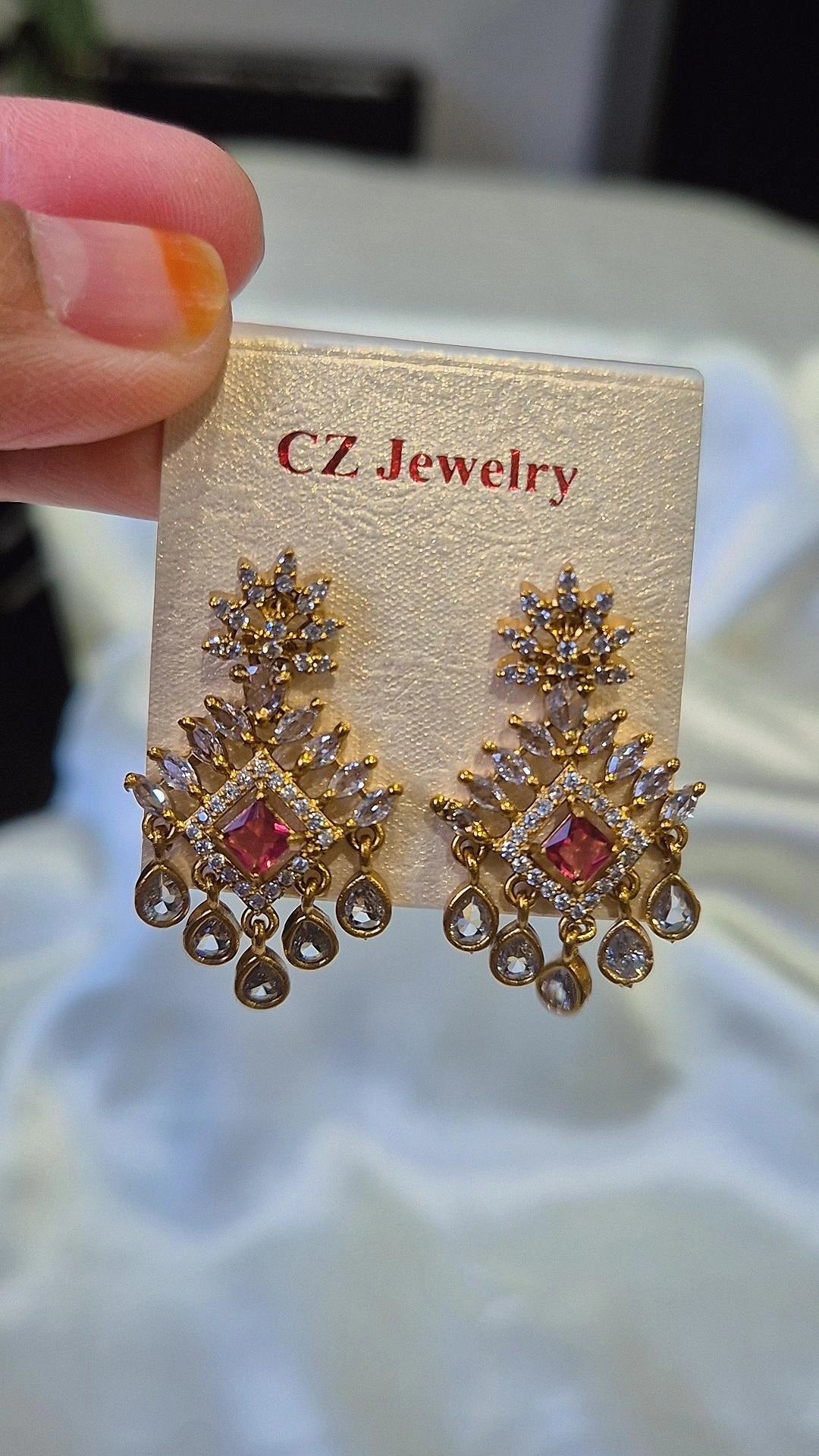 Gold Pink Ruby CZ Chandelier Drop Earrings