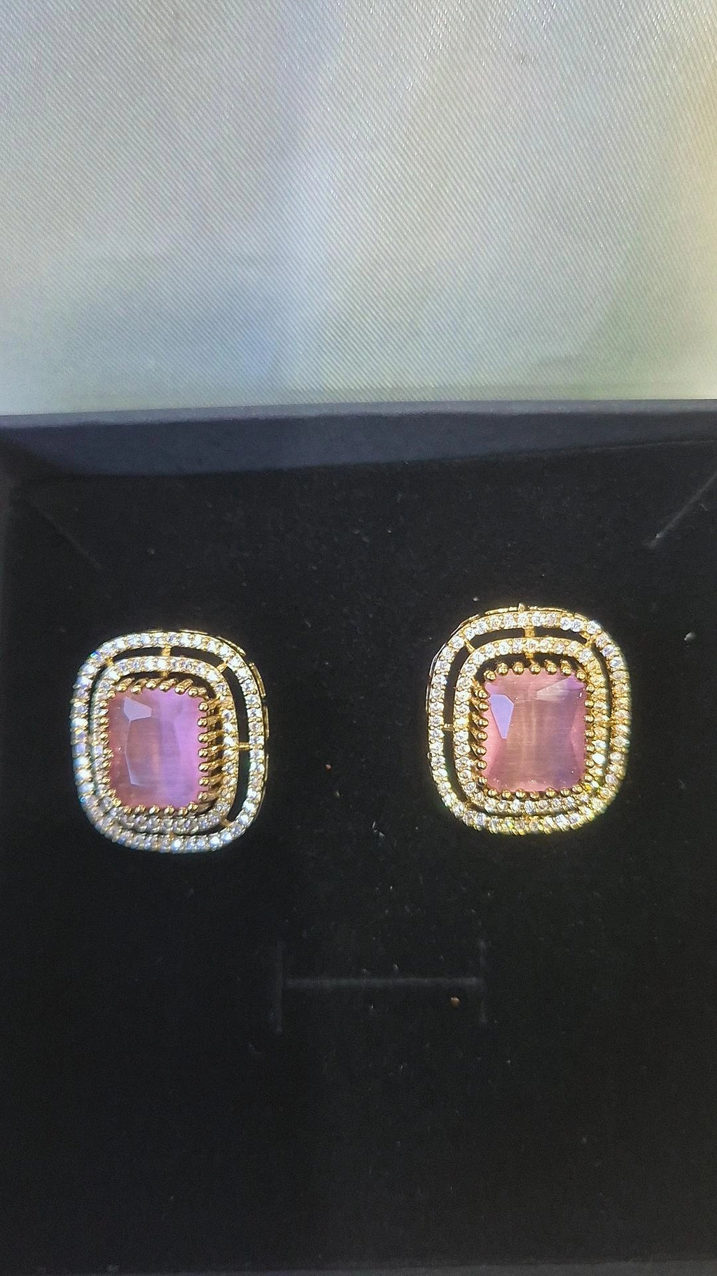Gold Baby Pink CZ Cushion Stud Earrings
