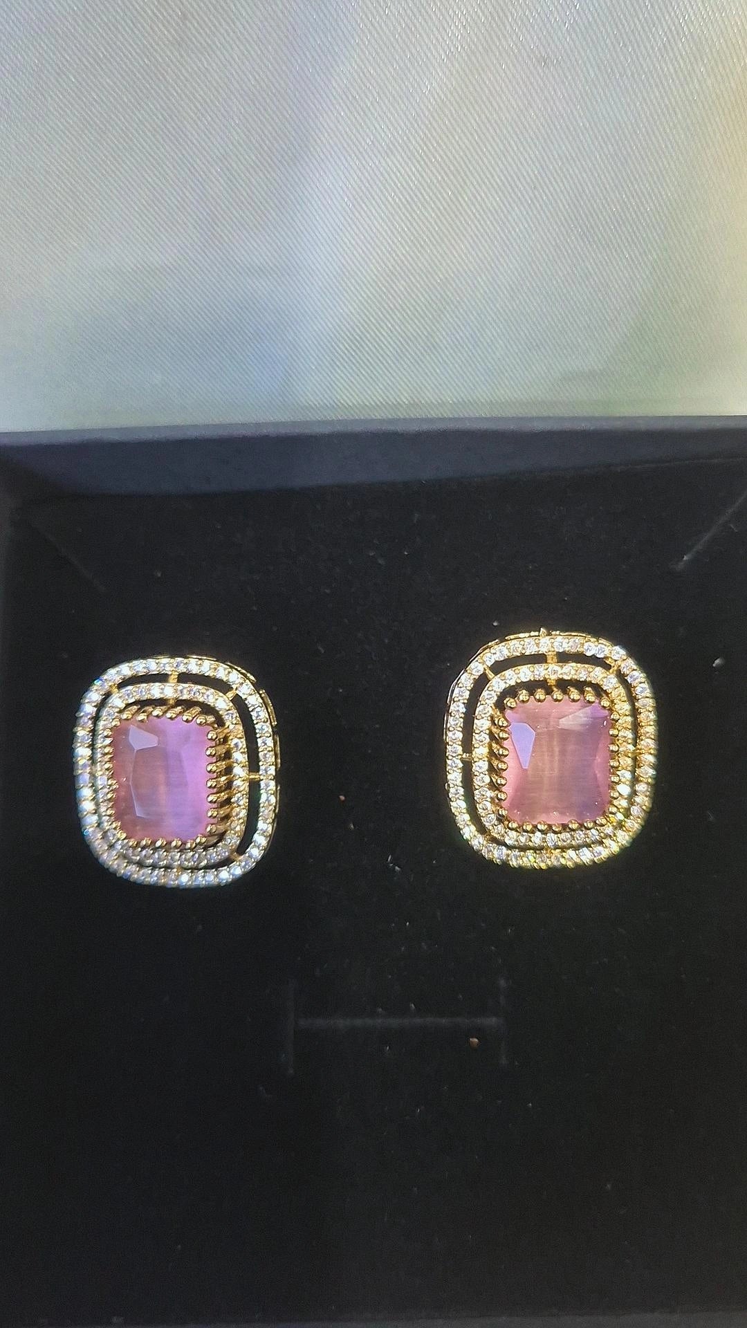 Gold Baby Pink CZ Cushion Stud Earrings