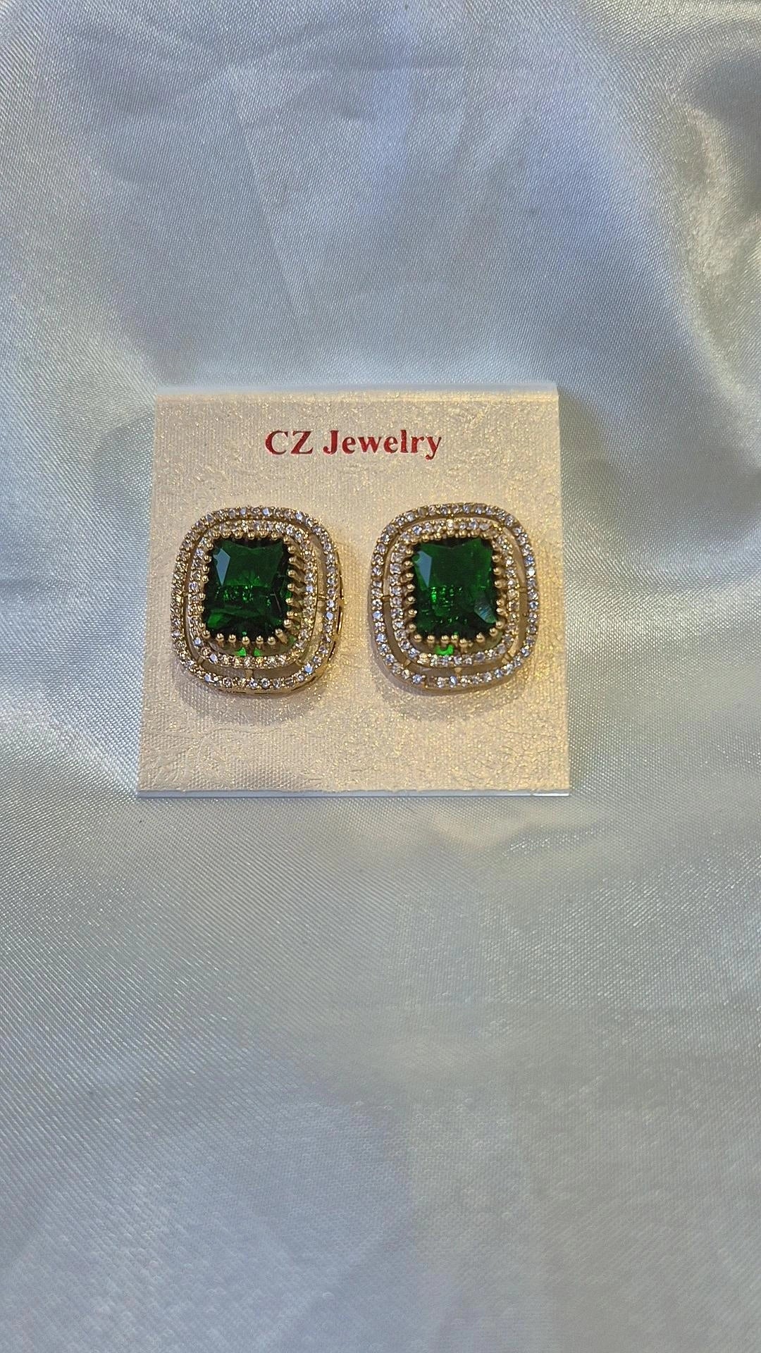 Gold Emerald Green CZ Cushion Stud Earrings