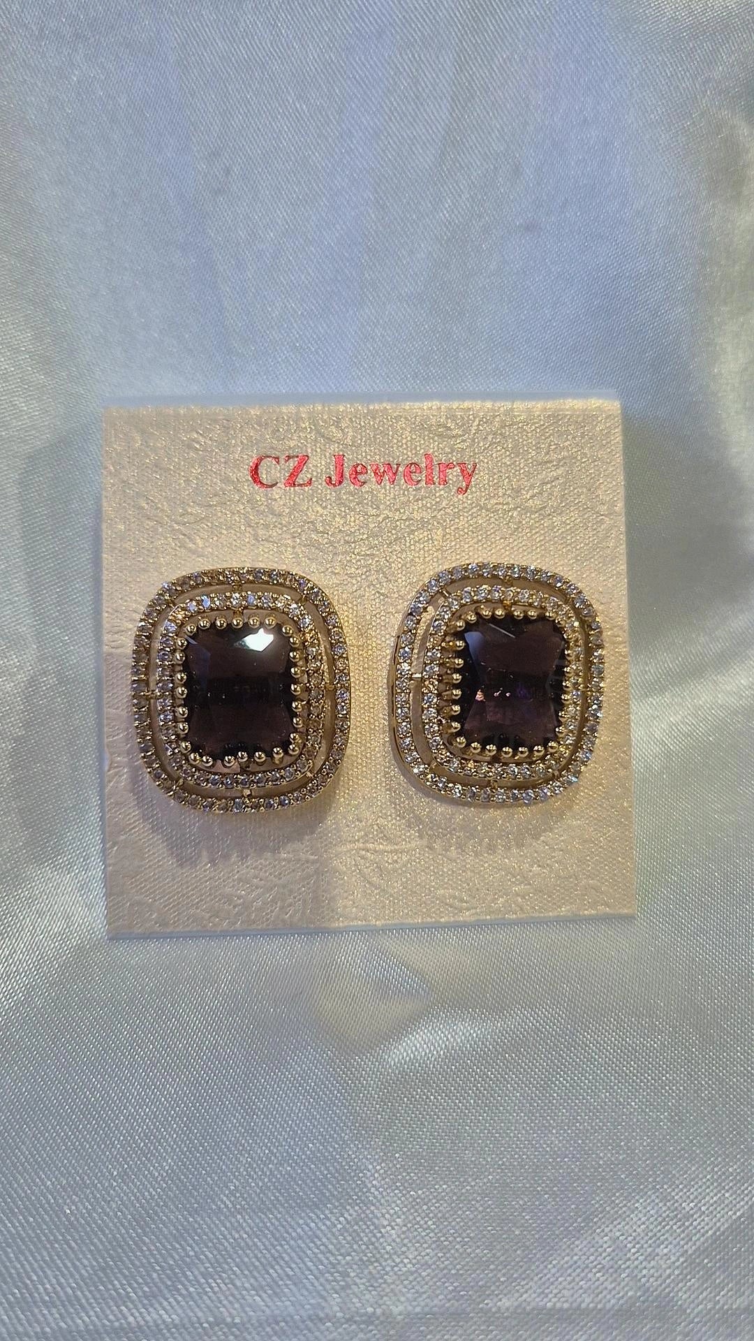 Gold Dark Navy Purple CZ Cushion Stud Earrings