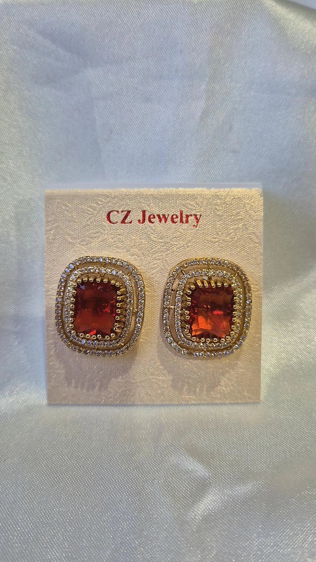 Gold Red Ruby CZ Cushion Stud Earrings