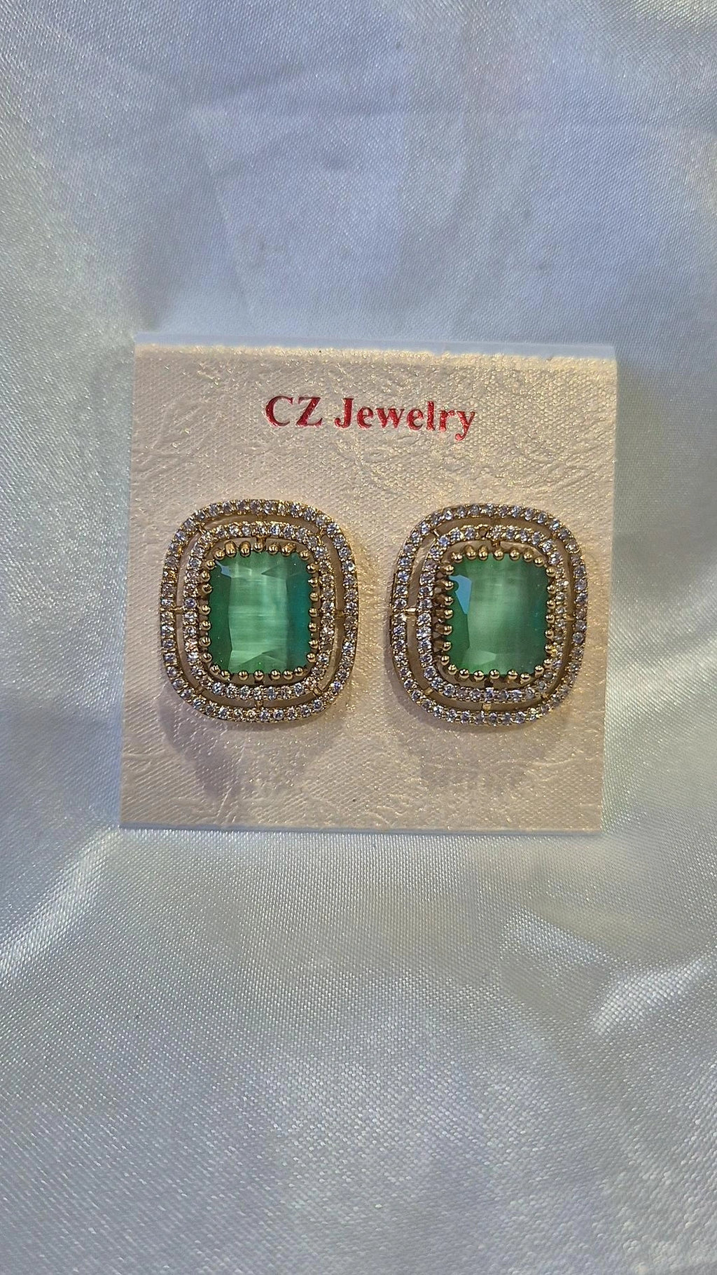 Gold Mint Green CZ Cushion Stud Earrings
