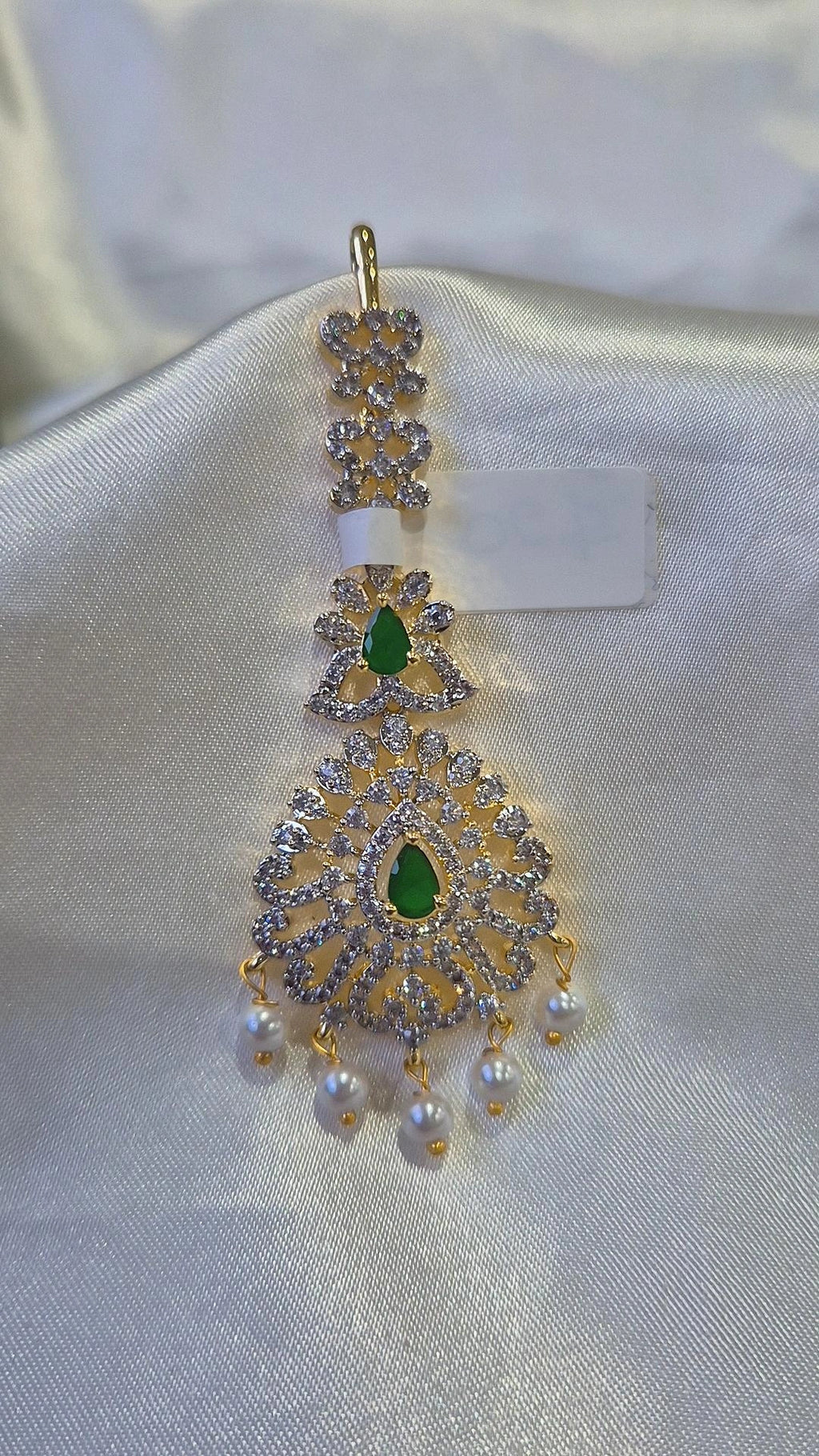 Gold CZ Filigree Maang Tikka with Emerald Drops