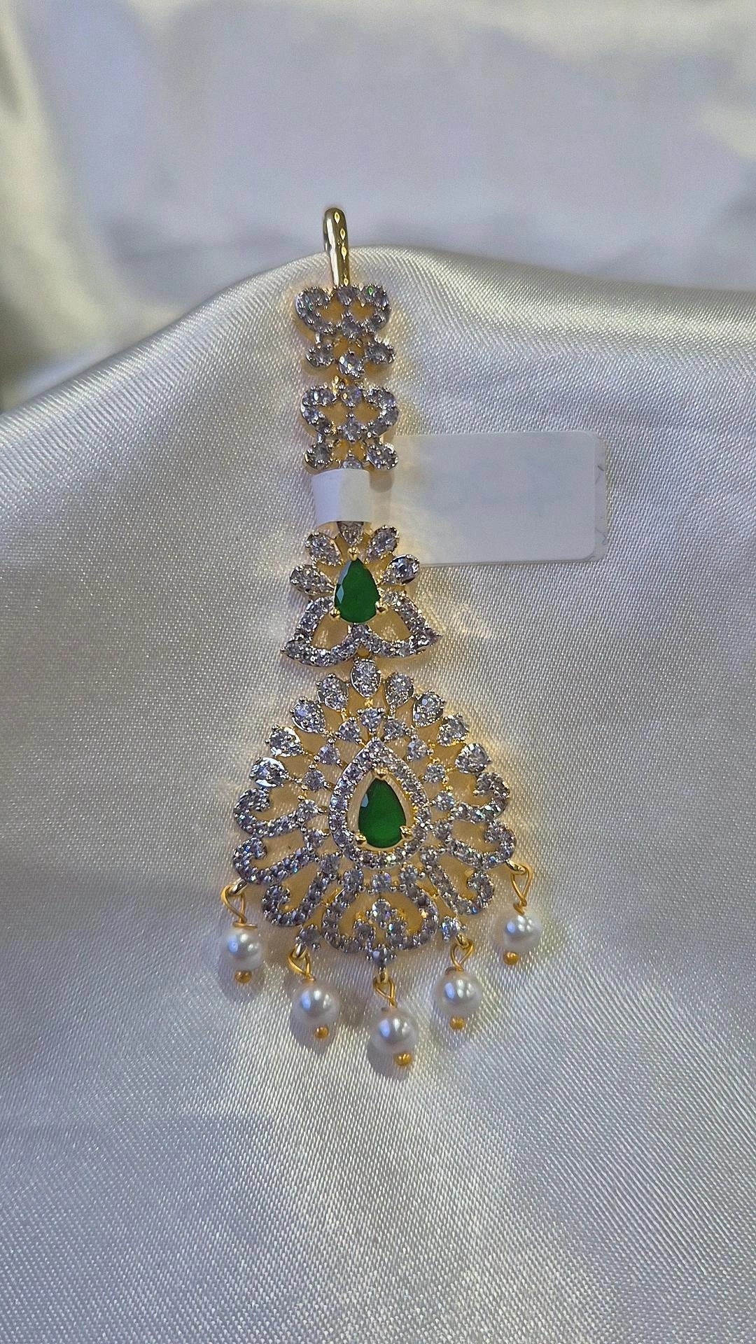 Gold CZ Filigree Maang Tikka with Emerald Drops
