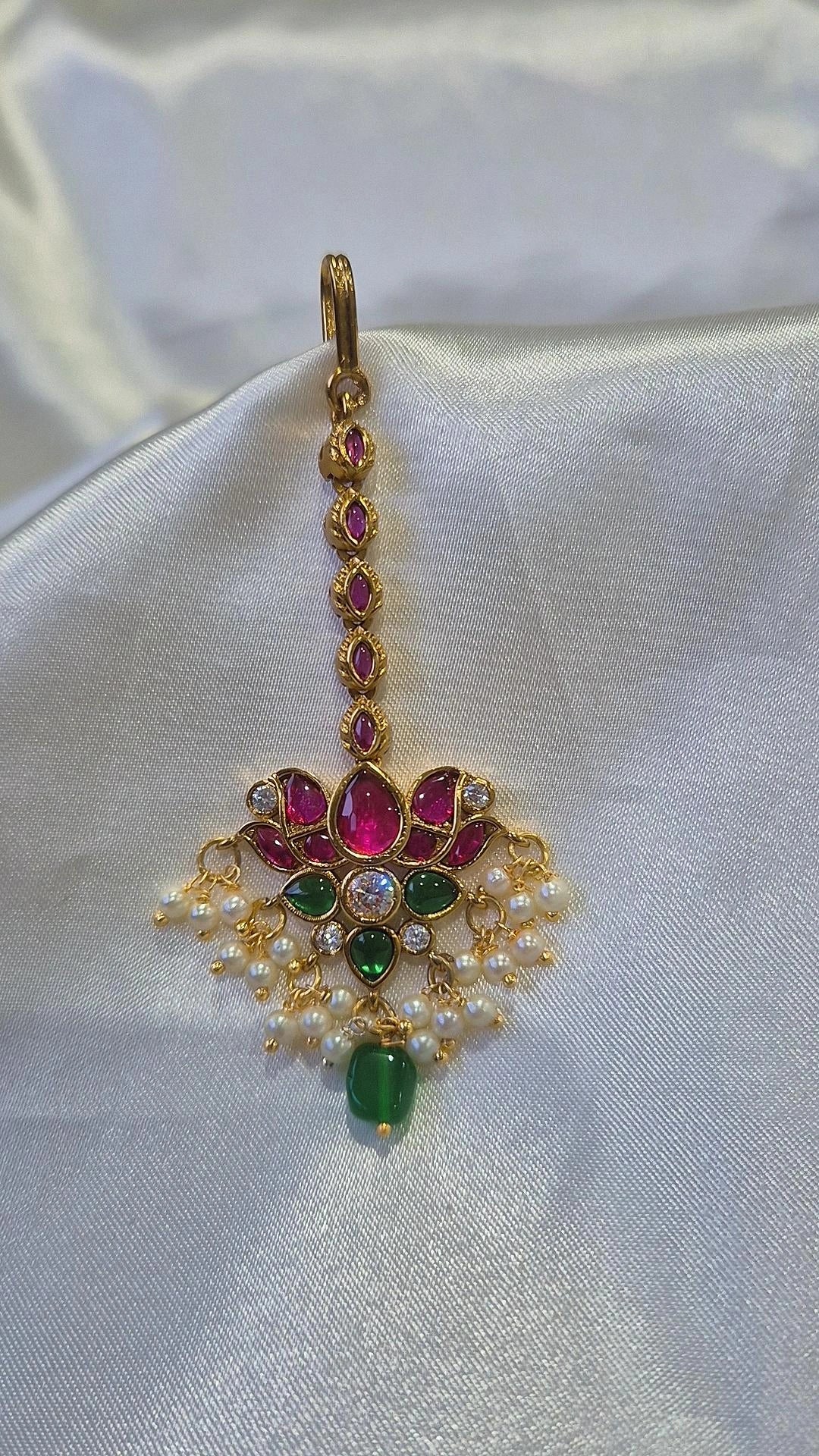 Gold CZ Triangle Filigree Maang Tikka with Ruby