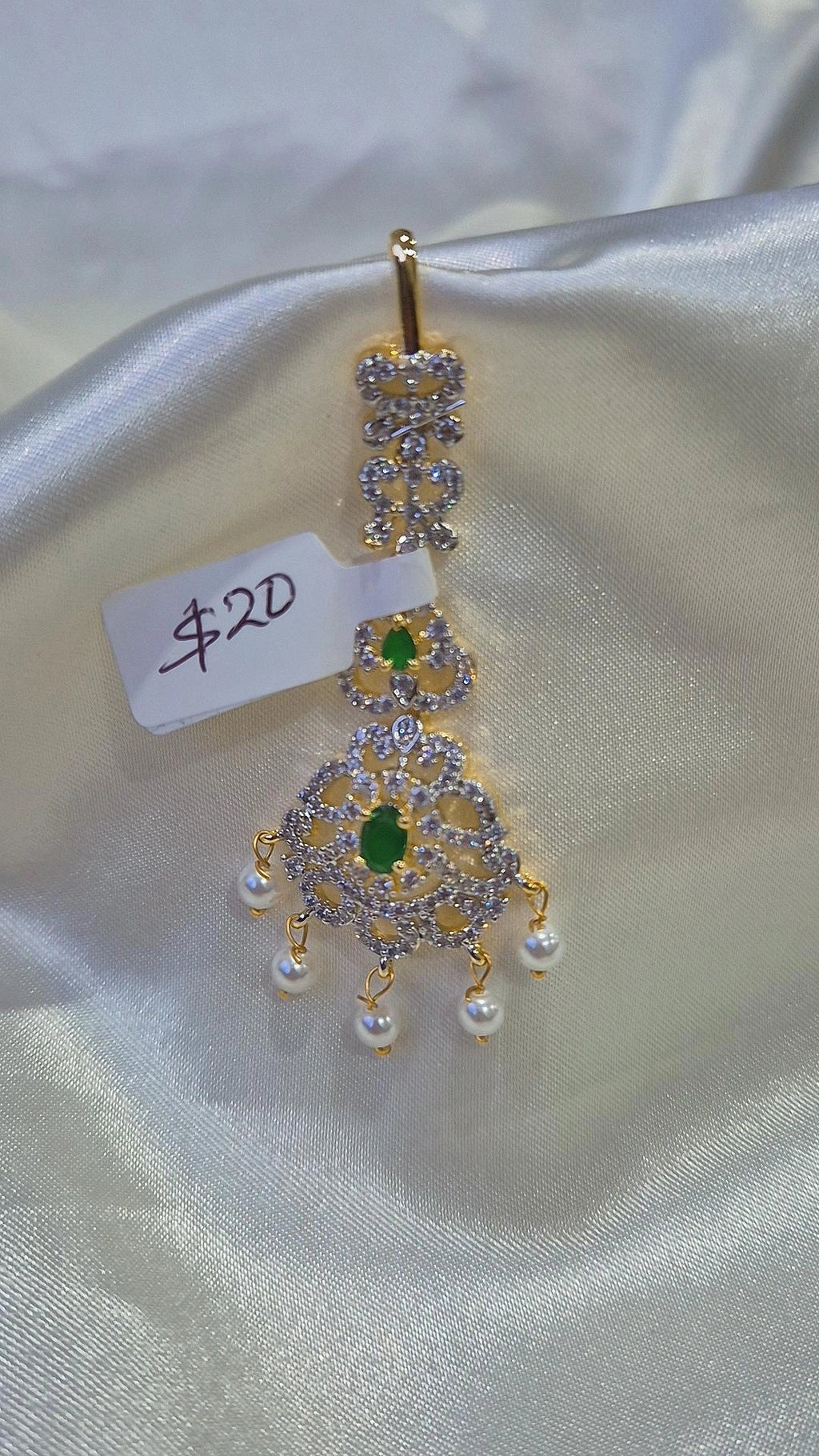 Gold CZ Triangle Filigree Maang Tikka with Emerald Accent