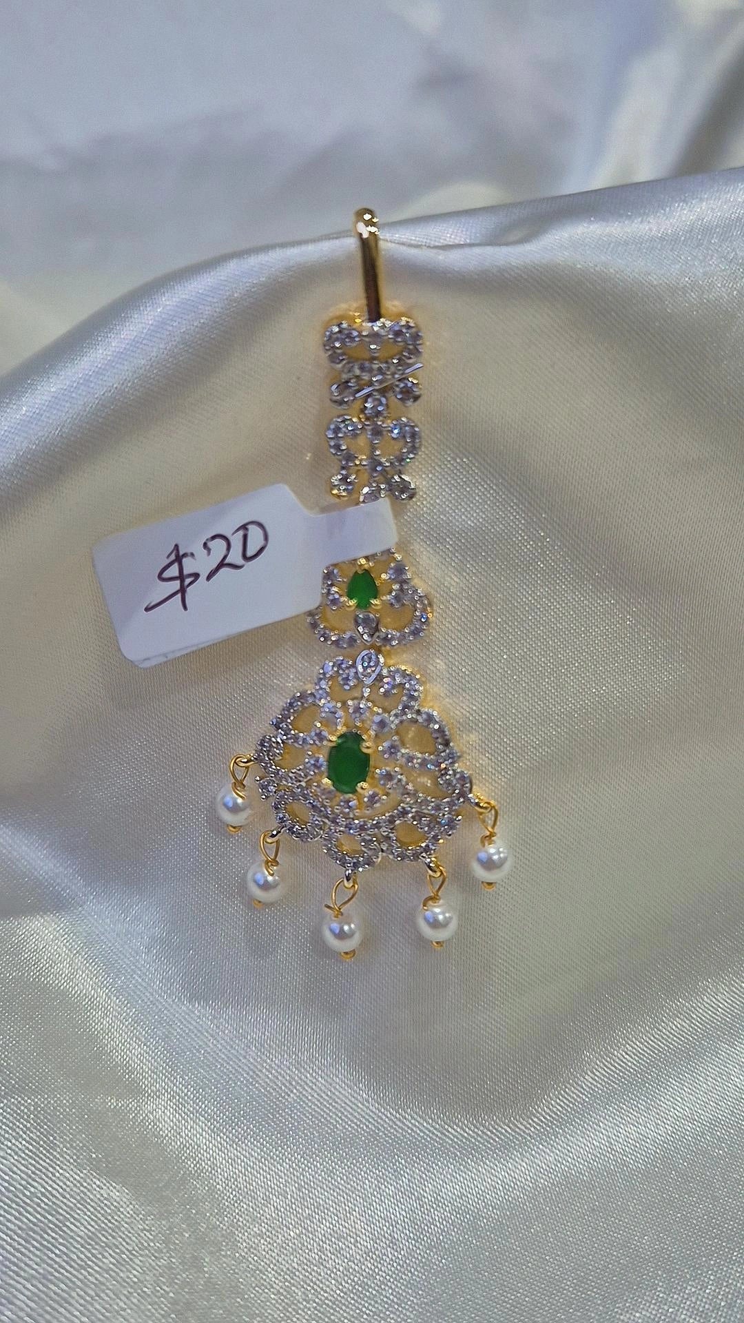 Gold CZ Triangle Filigree Maang Tikka with Emerald Accent