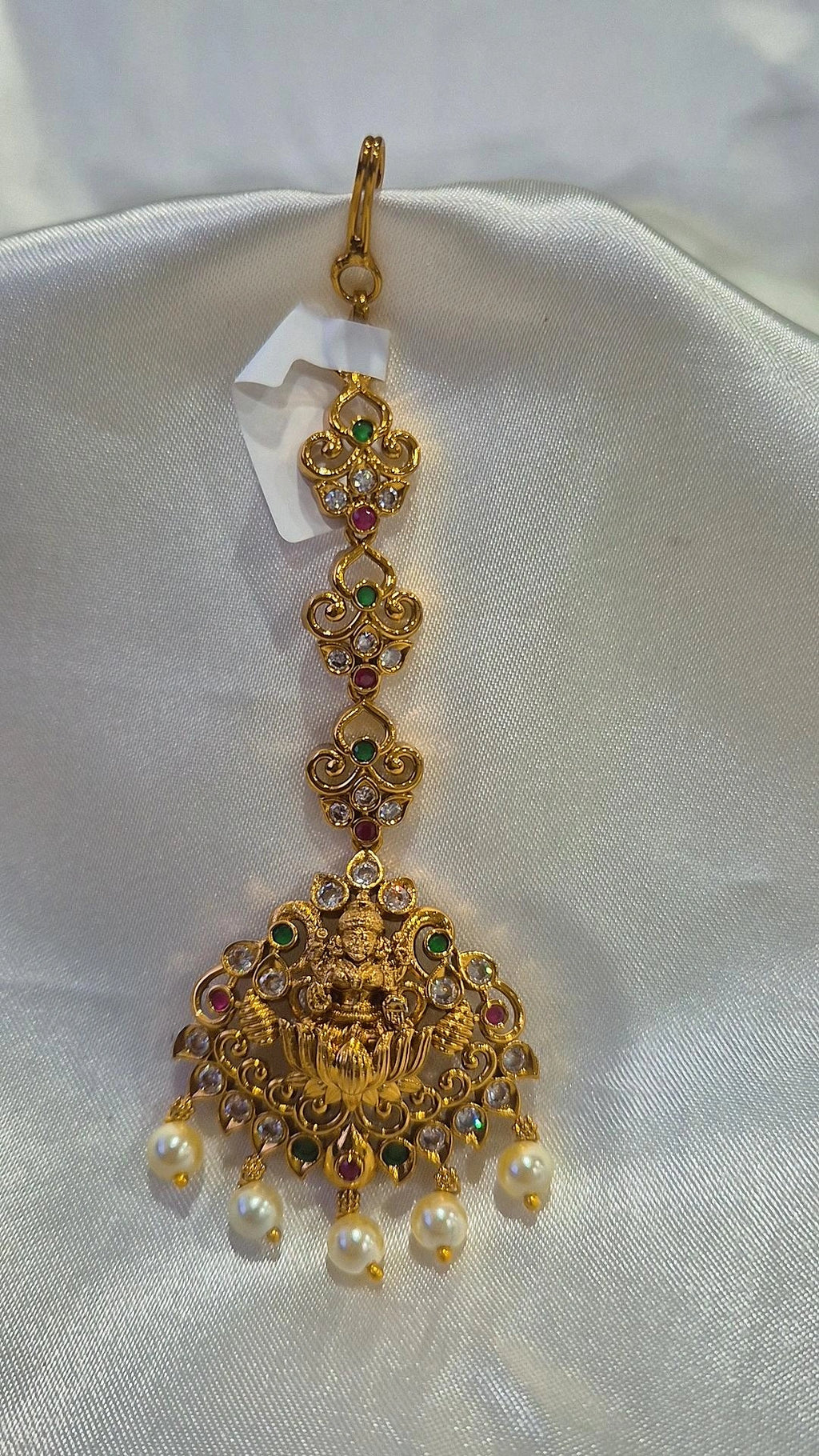 Gold Antique Lakshmi Temple Maang Tikka with Pearl Drops