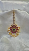 Gold Ruby Star Flower Maang Tikka with Pearl Drops