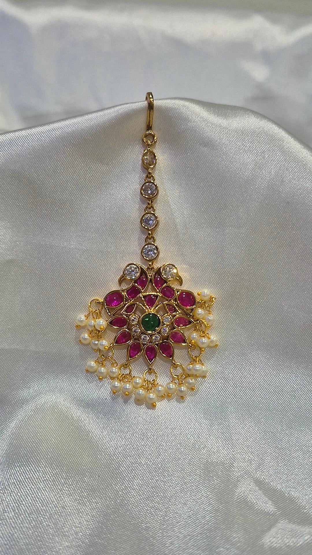 Gold Ruby Star Flower Maang Tikka with Pearl Drops