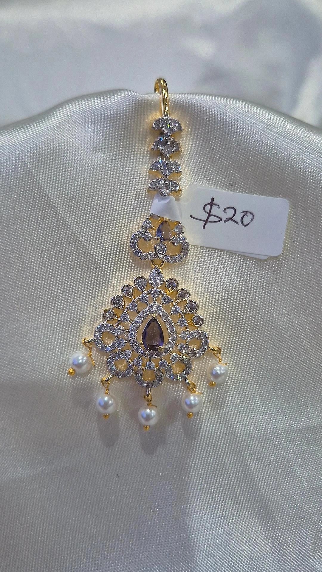 Gold CZ Triangle Maang Tikka with Purple Center