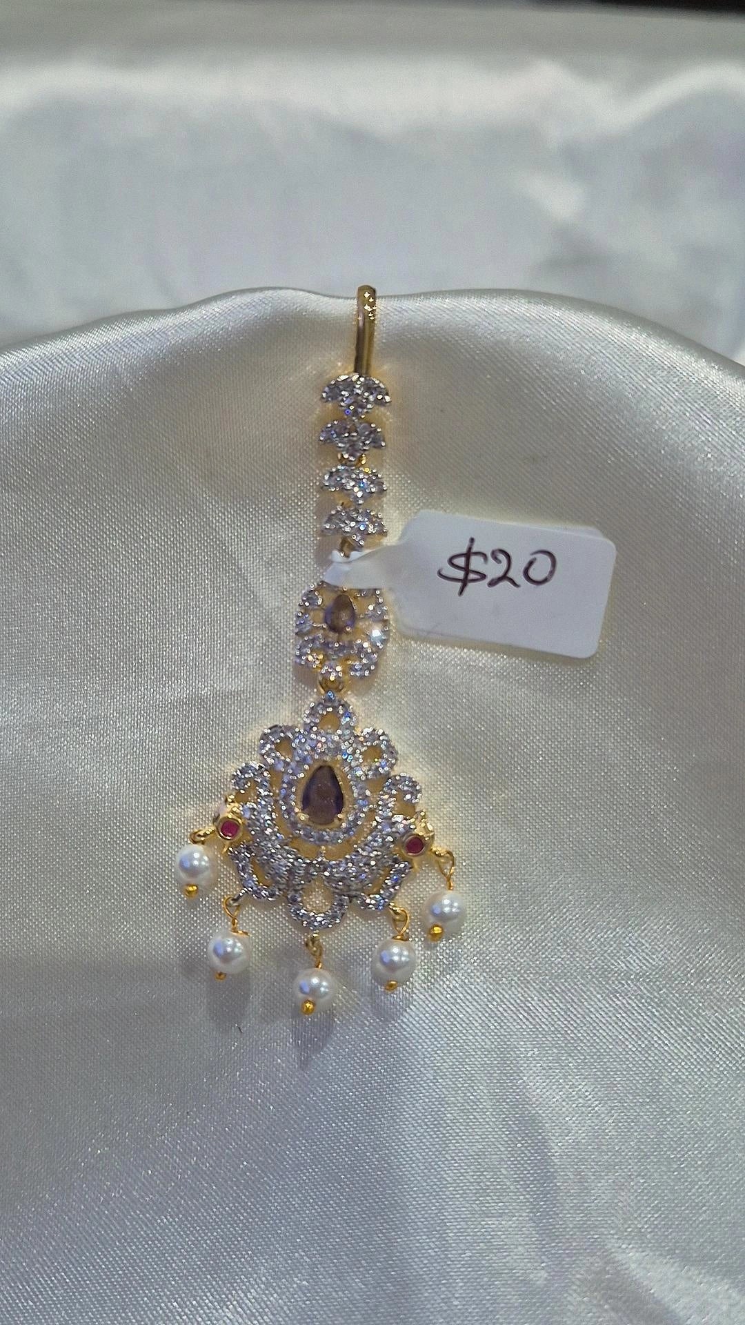 Gold CZ Elongated Maang Tikka with Purple Center