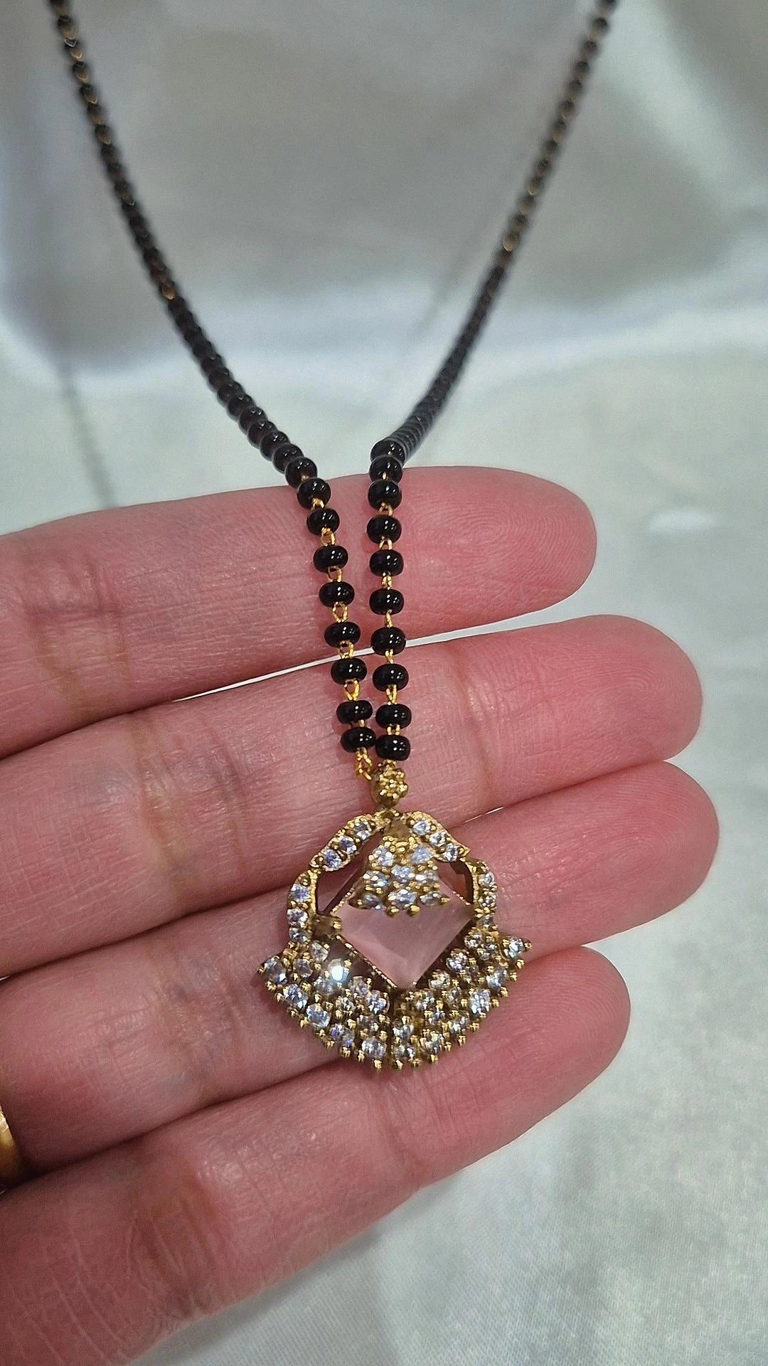 Gold CZ Diamond Pendant Black Bead Mangalsutra