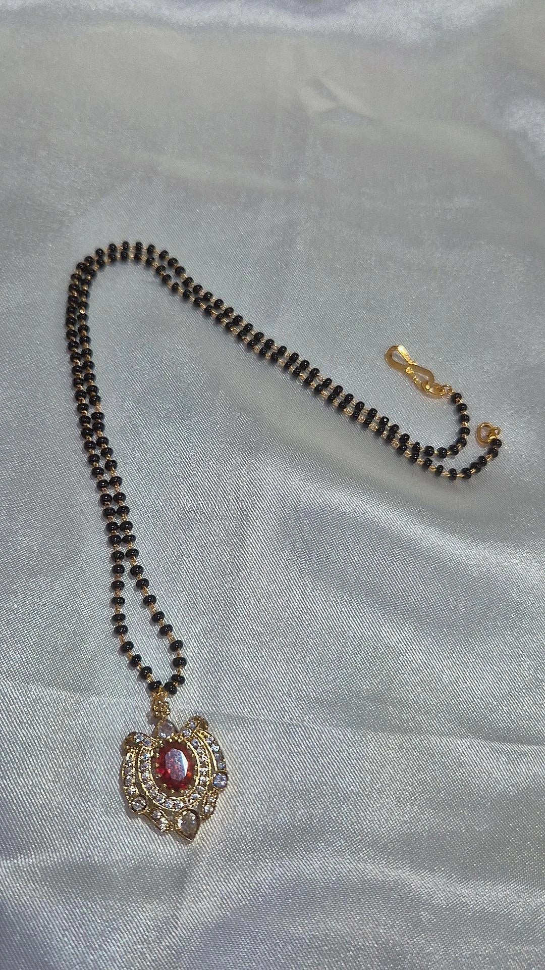 Gold Ruby CZ Pendant Black Bead Mangalsutra