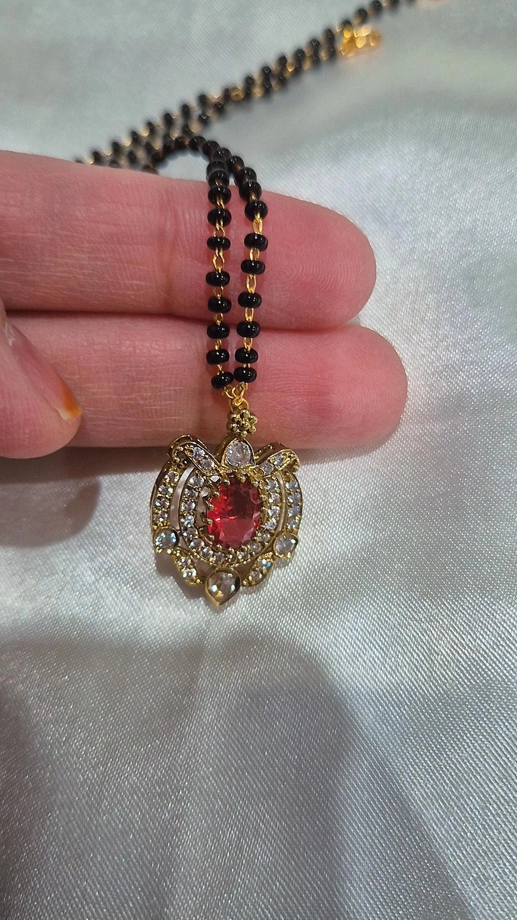 Gold Ruby CZ Pendant Black Bead Mangalsutra
