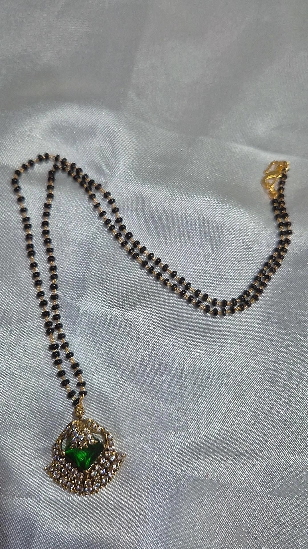 Gold Emerald CZ Pendant Black Bead Mangalsutra