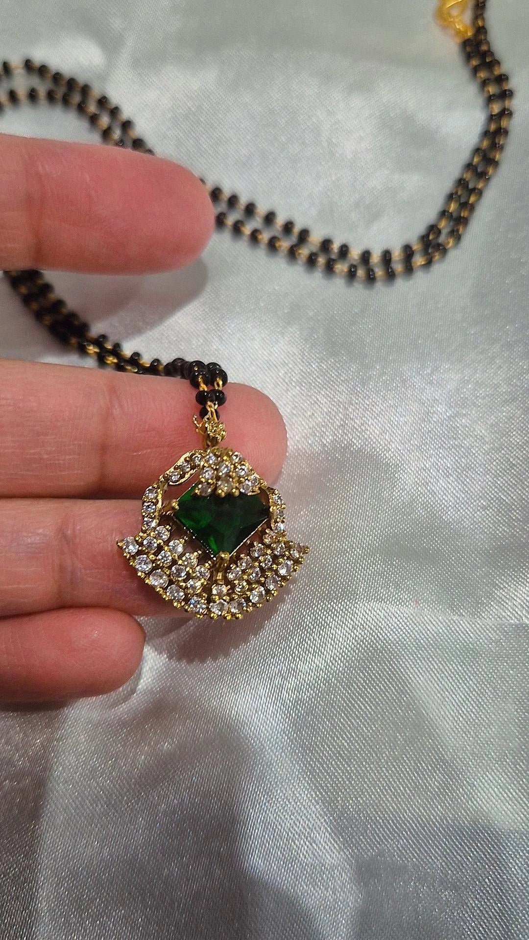 Gold Emerald CZ Pendant Black Bead Mangalsutra