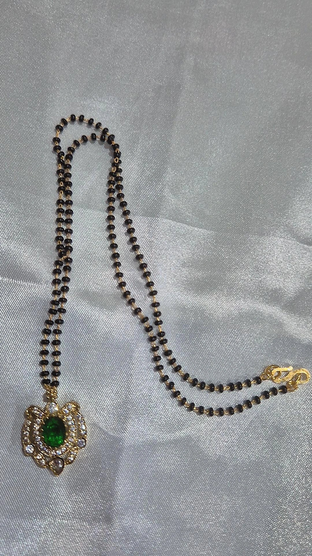 Pink Tourmaline Emerald Pearl Cluster Black Bead Mangalsutra