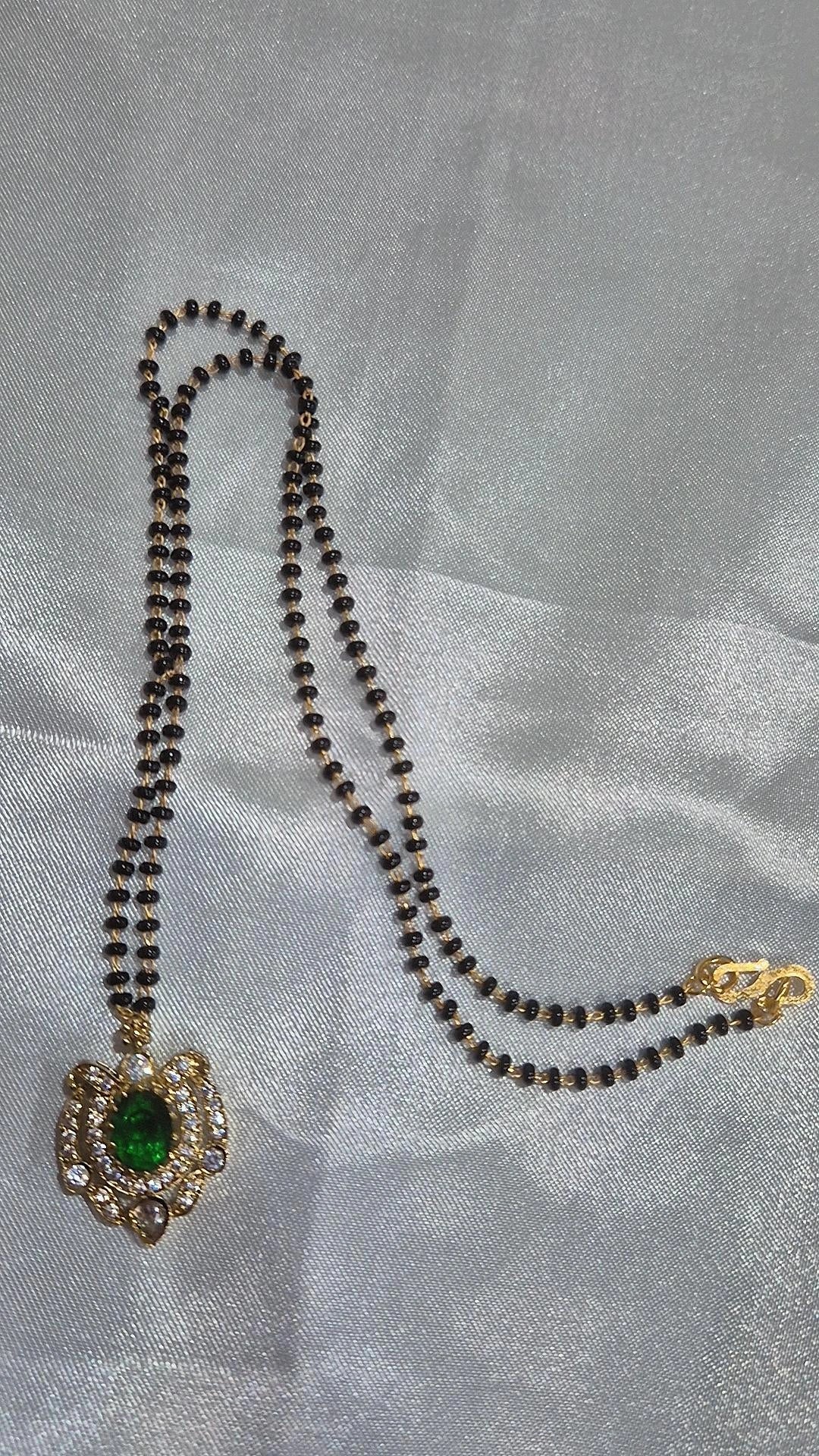 Pink Tourmaline Emerald Pearl Cluster Black Bead Mangalsutra
