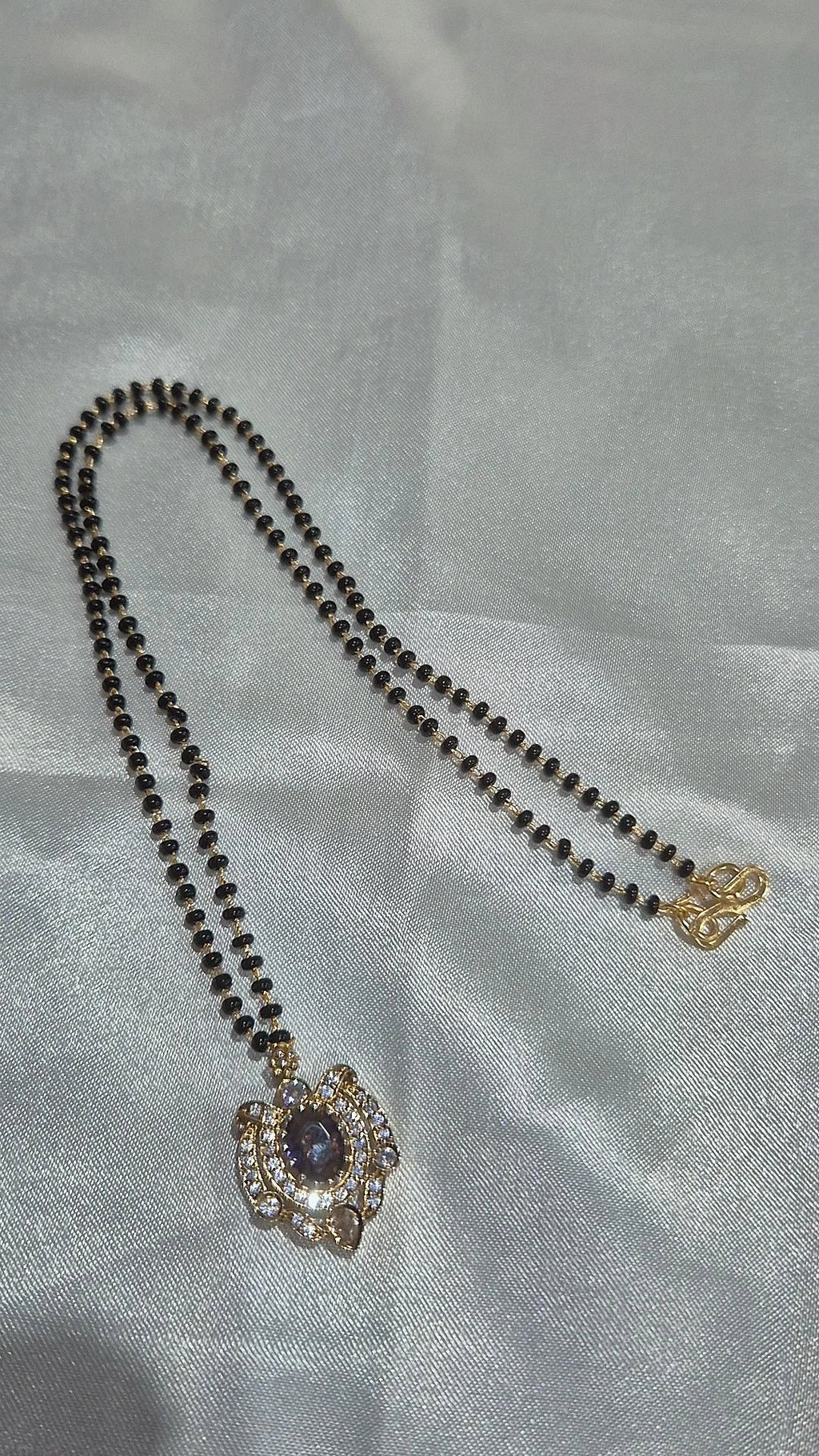 Gold CZ Pendant Double Black Bead Mangalsutra