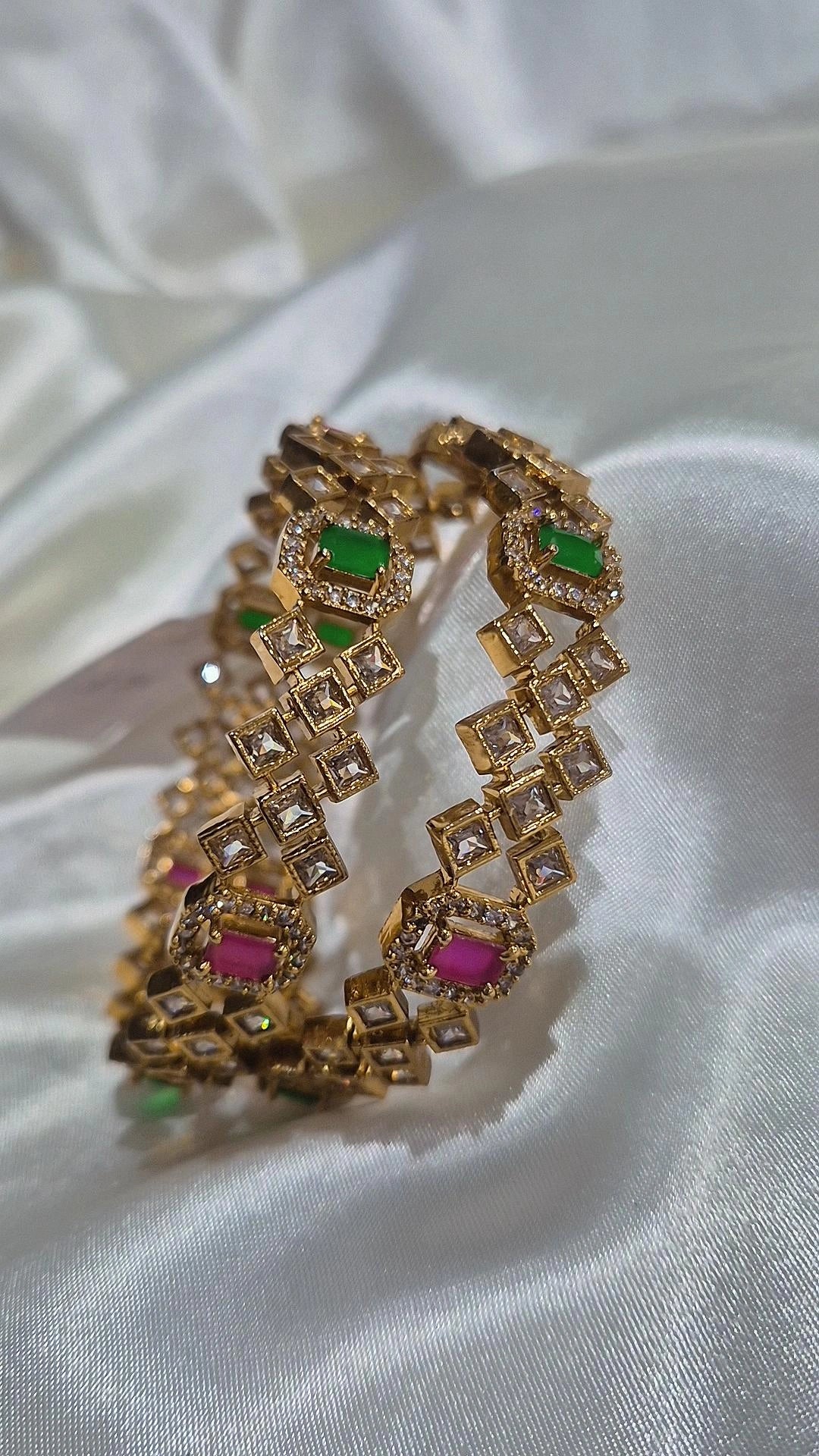 CZ Stone Bangle Set - Pink & Green