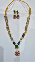 Multicolour CZ stone gold wheat chain necklace set with matching drop earrings