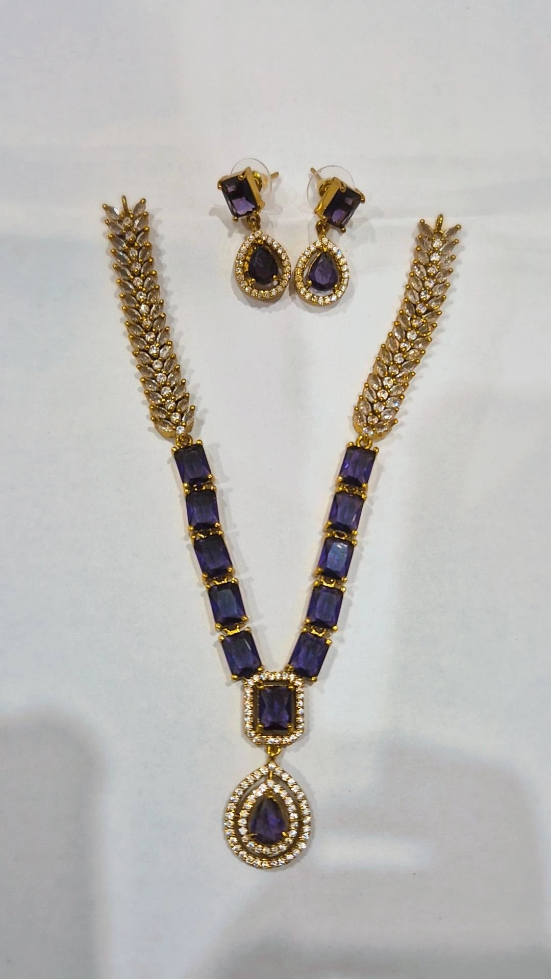 Purple amethyst CZ gold wheat chain necklace set with matching drop earrings