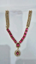 Pink magenta CZ gold wheat chain necklace set