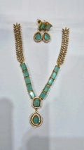 Teal mint CZ gold wheat chain necklace set with matching drop earrings
