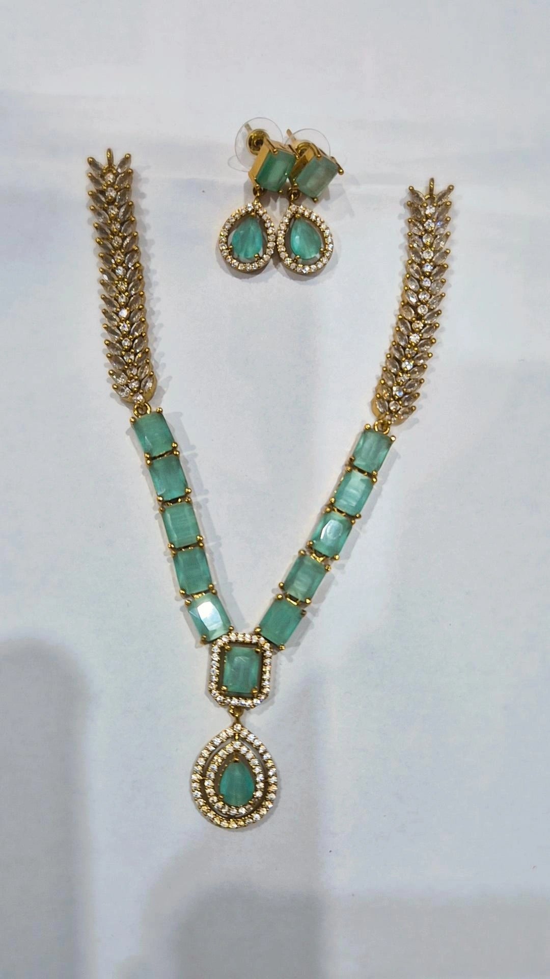 Teal mint CZ gold wheat chain necklace set with matching drop earrings