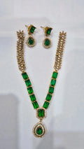 Emerald green CZ gold wheat chain necklace set with matching drop earrings