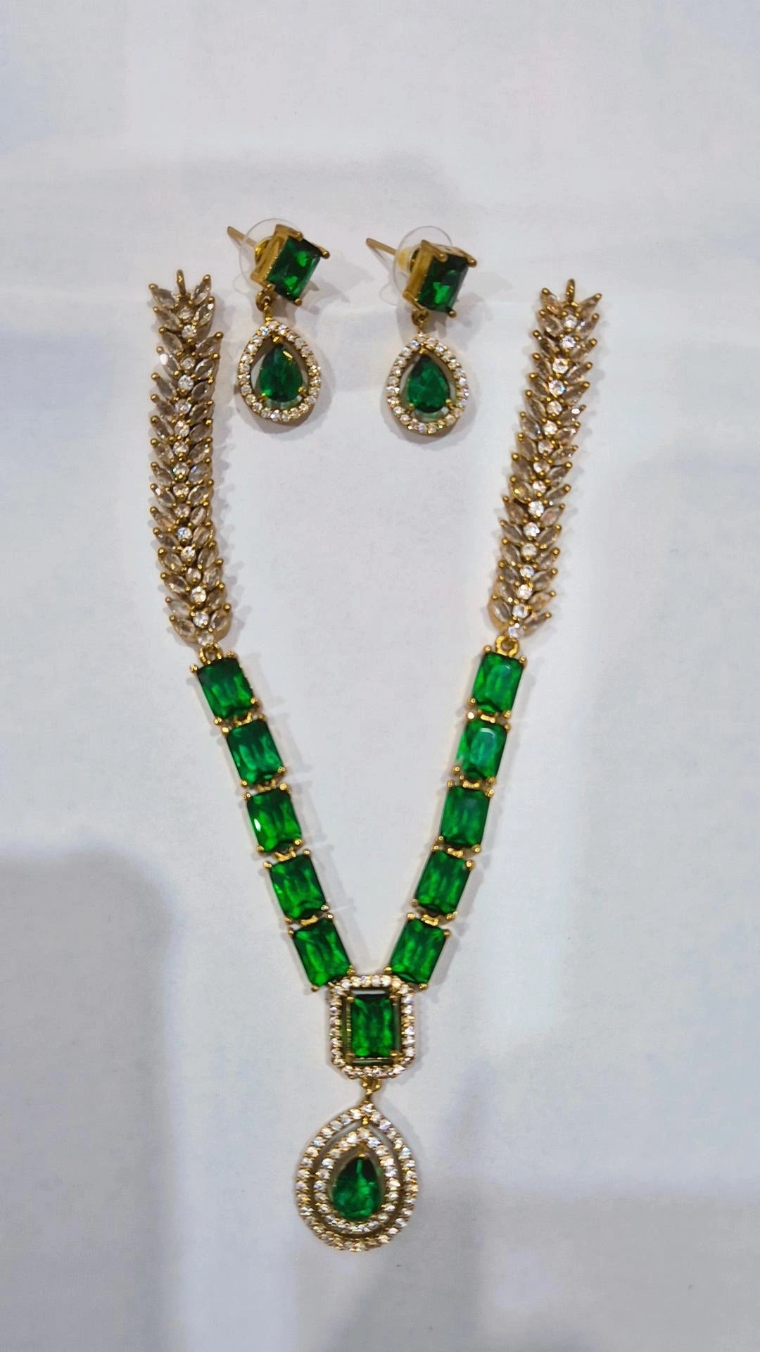 Emerald green CZ gold wheat chain necklace set with matching drop earrings