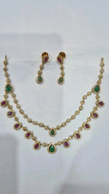 Multicolour ruby emerald CZ double strand teardrop necklace set with matching drop earrings