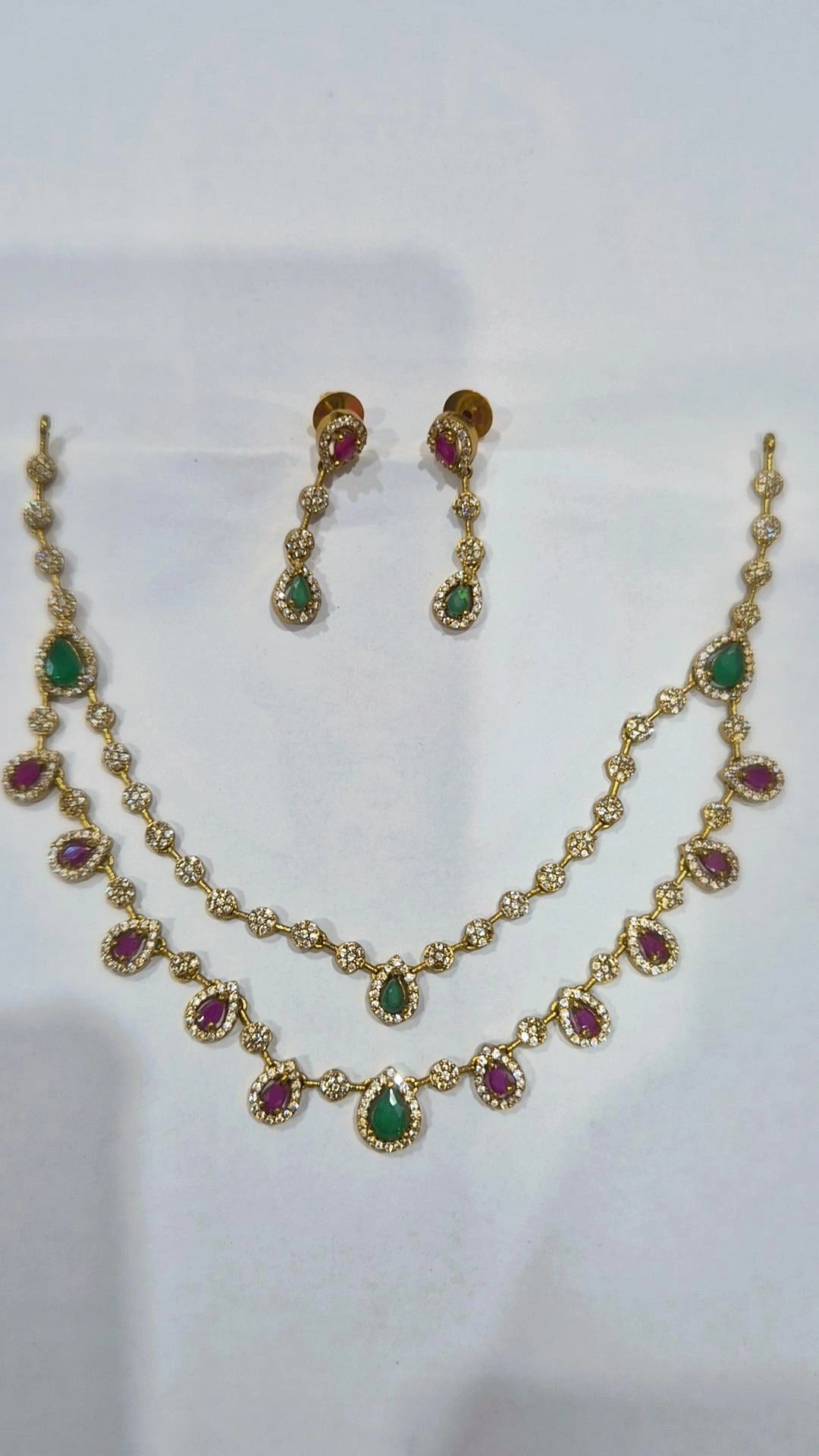 Multicolour ruby emerald CZ double strand teardrop necklace set with matching drop earrings