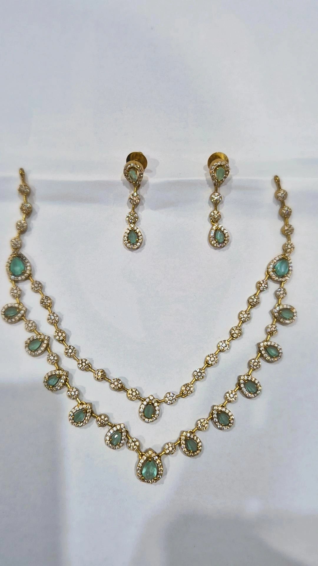 Mint green CZ double strand teardrop necklace set with matching drop earrings